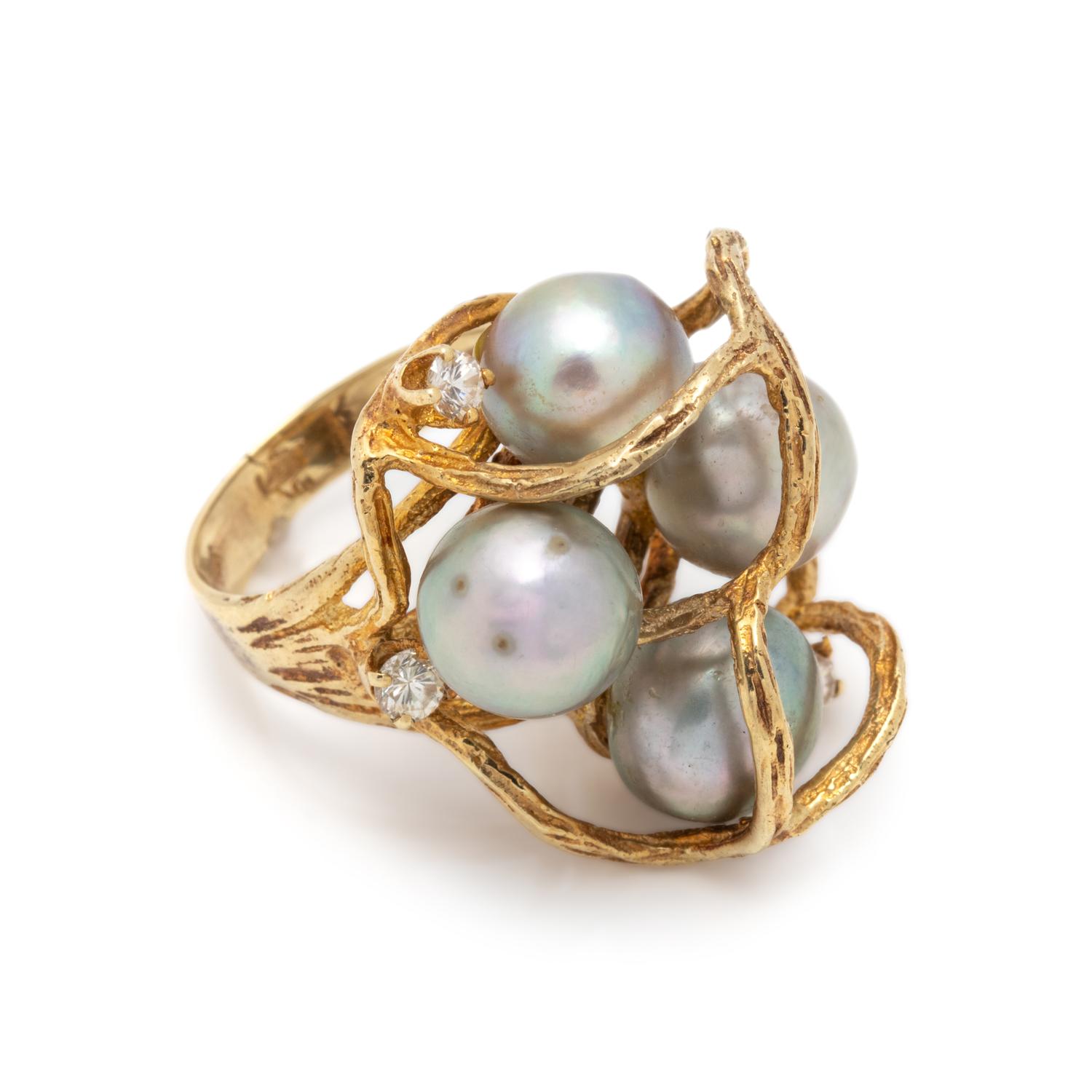 BRUTALIST, CULTURED PEARL AND DIAMOND RING
