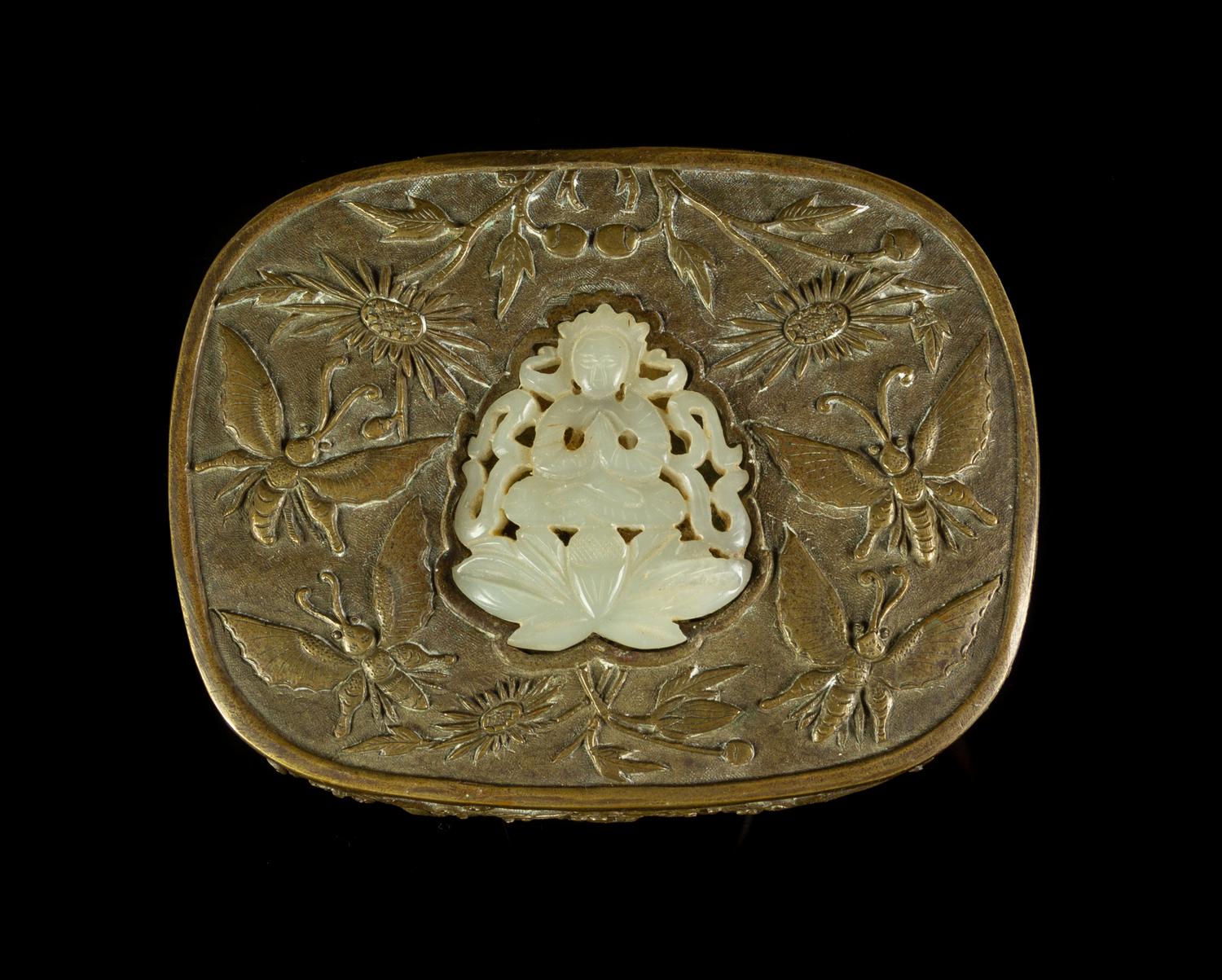 Two Celadon Jade Inset Metal Articles