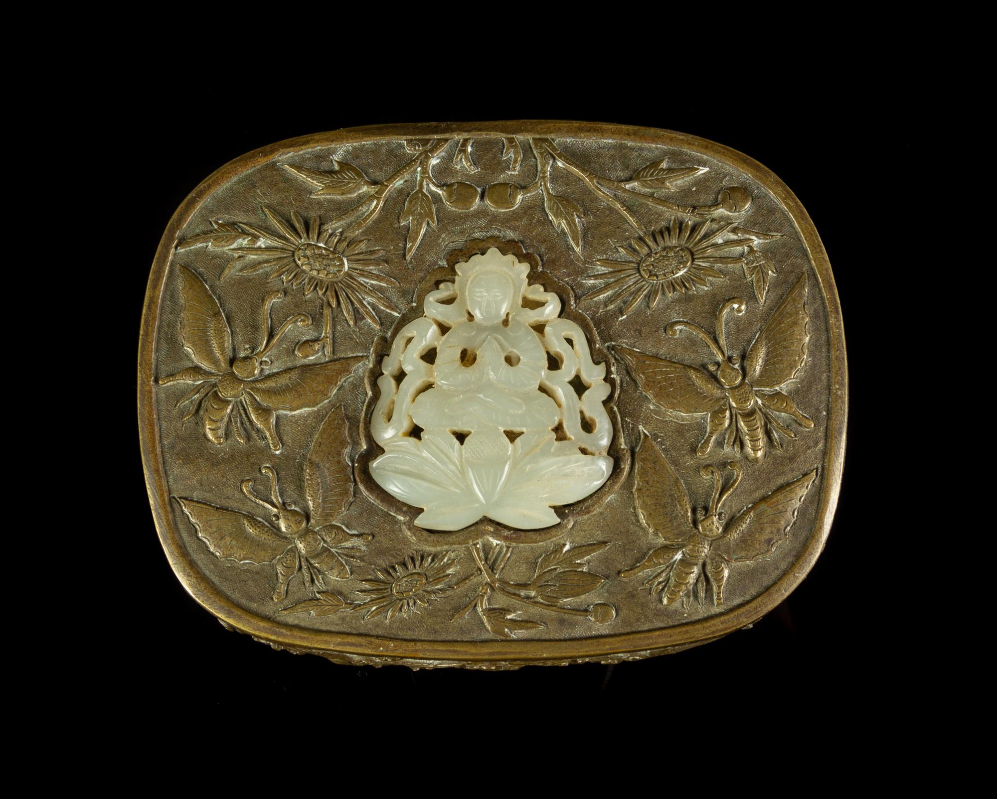 Two Celadon Jade Inset Metal Articles