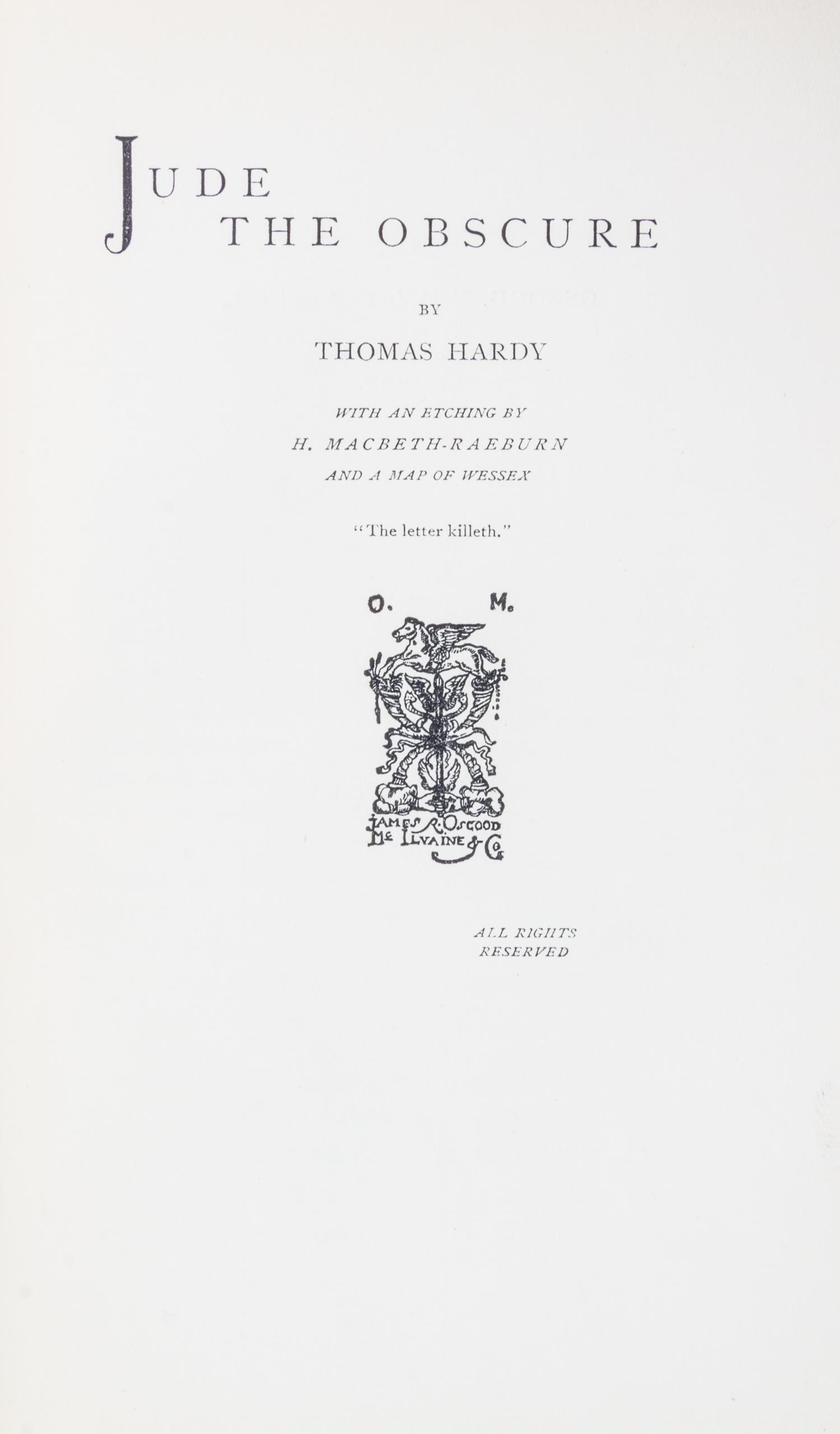 HARDY, THOMAS. Jude the Obscure. London, 1896. First edition in book form.