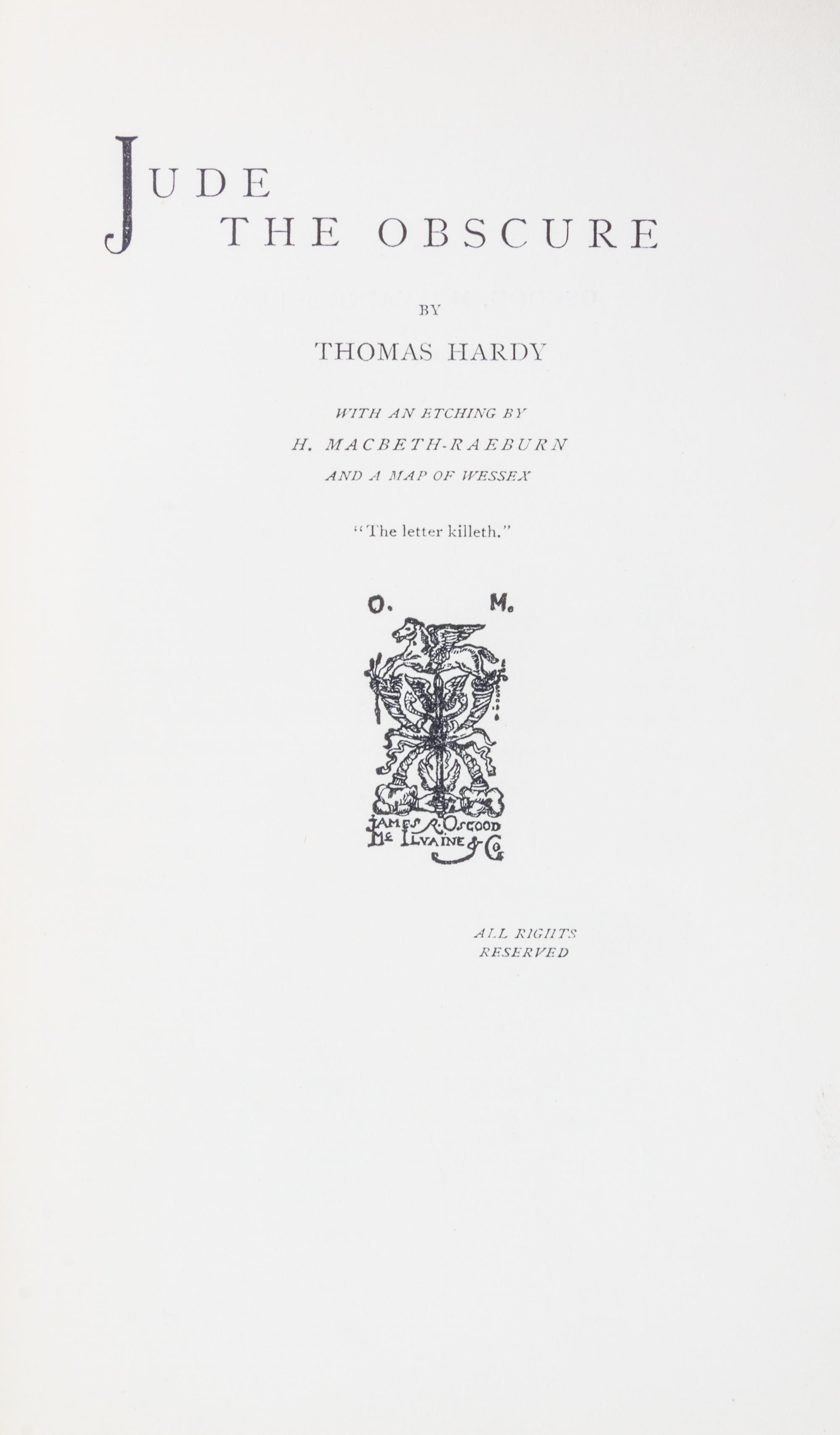 HARDY, THOMAS. Jude the Obscure. London, 1896. First edition in book form.