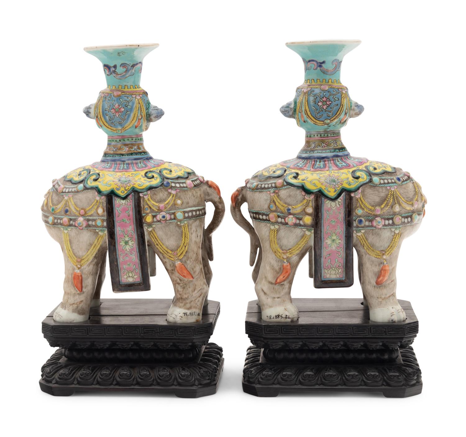 A Pair of Chinese Famille Rose Porcelain Elephant-Form Candlesticks