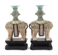 A Pair of Chinese Famille Rose Porcelain Elephant-Form Candlesticks