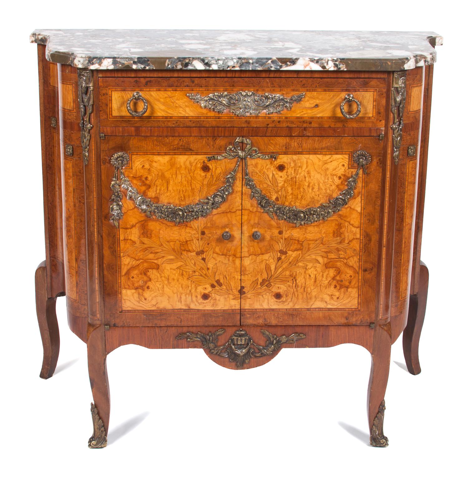 A Louis XV Style Gilt Metal Mounted Burlwood Cabinet Height 36 x width 38 x depth 19 inches.