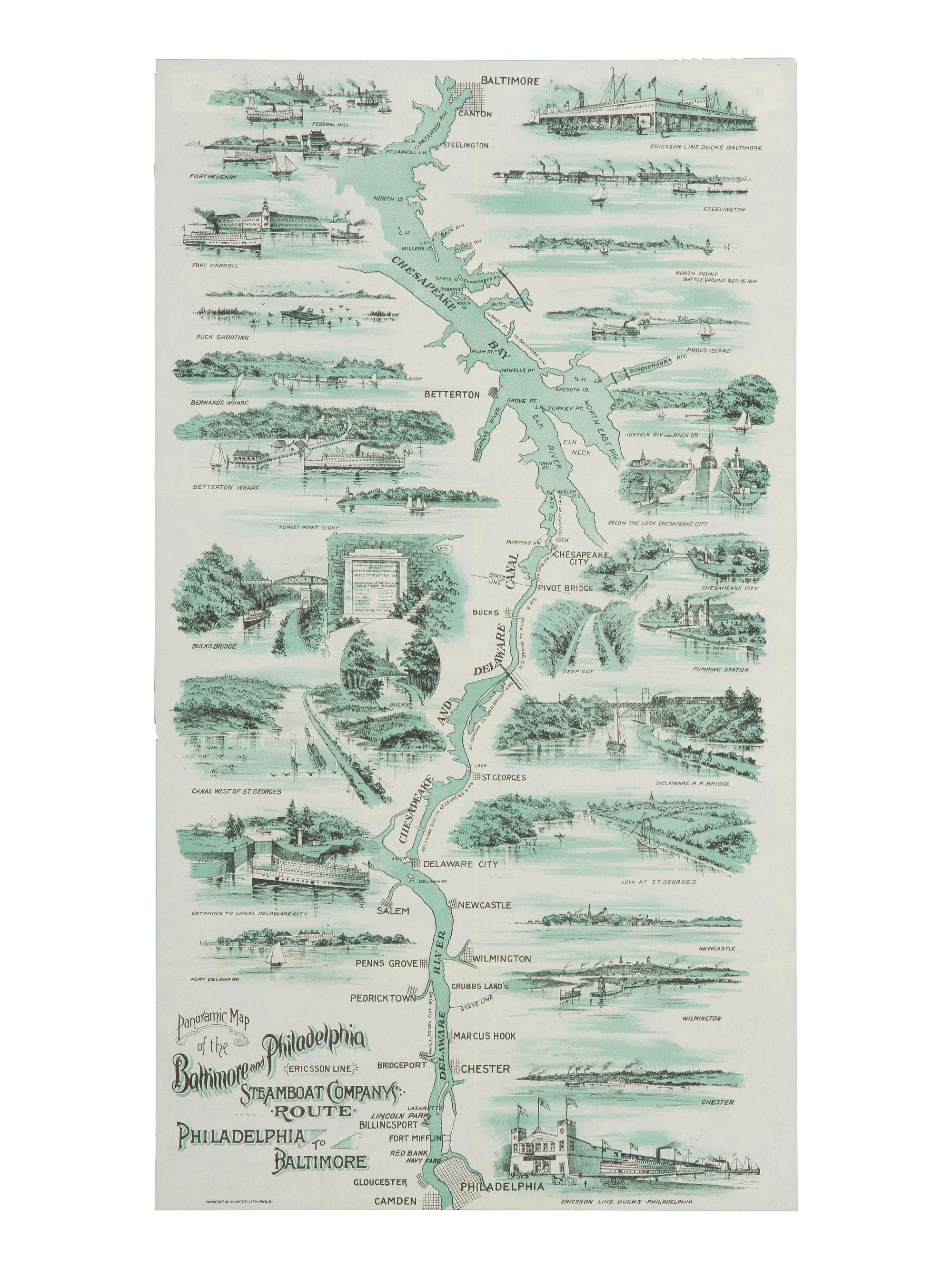 [TRANSPORTATION] Panoramic Map of the Baltimore and Philadelphia Steamboat Company's Route . Ca 1897.