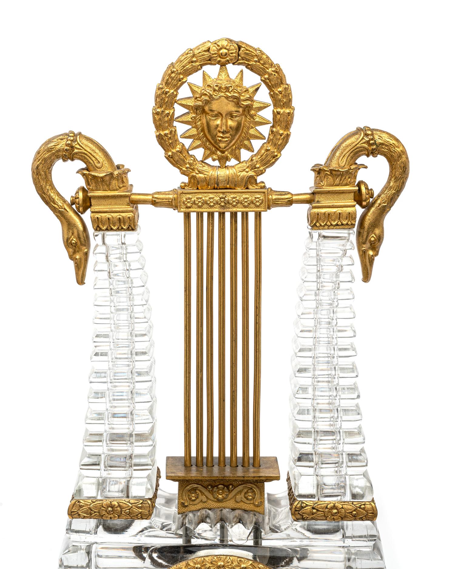 A Charles X Gilt Bronze and Cut Glass Lyre-Form Clock Attributed to l'Escalier de Cristal