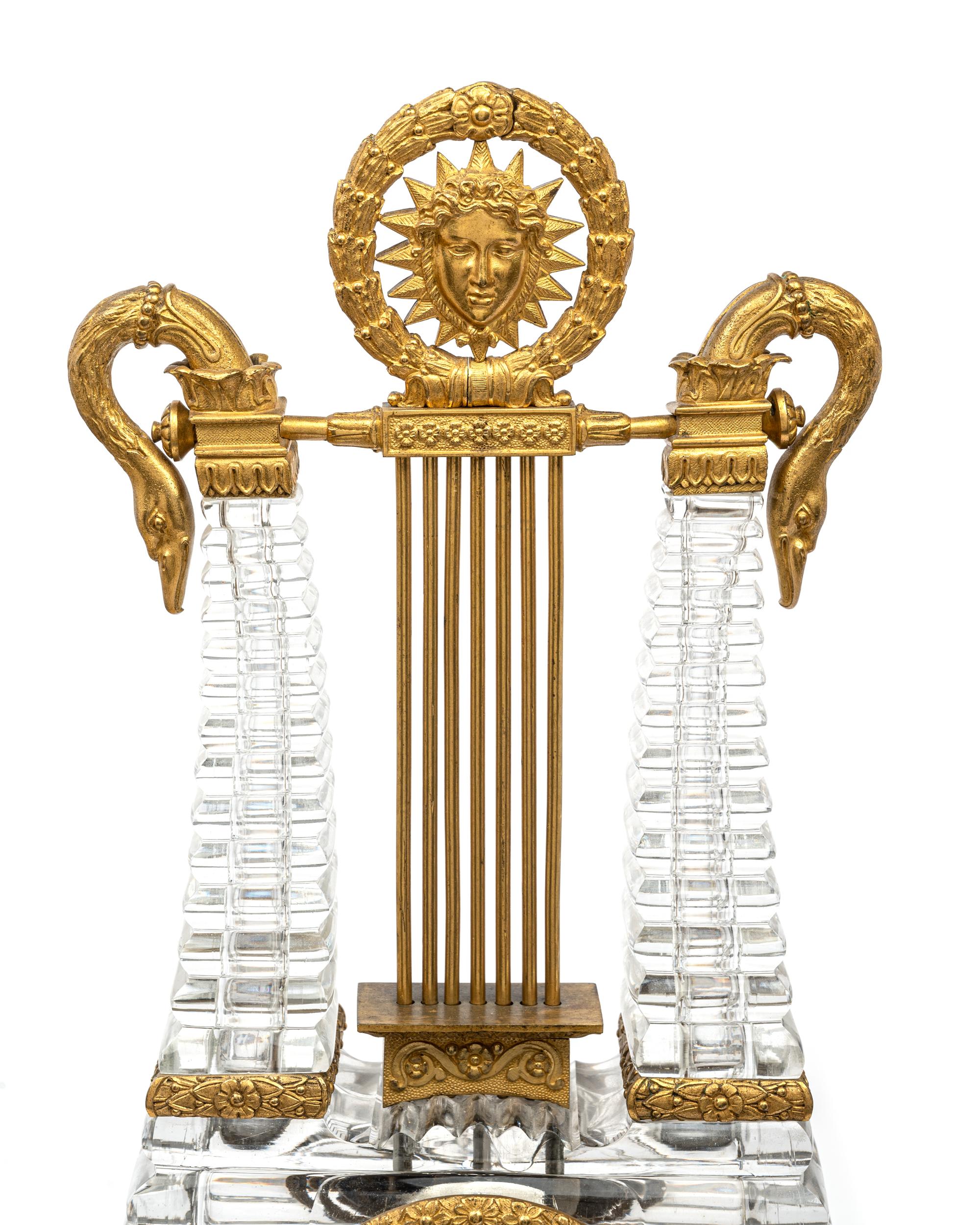 A Charles X Gilt Bronze and Cut Glass Lyre-Form Clock Attributed to l'Escalier de Cristal