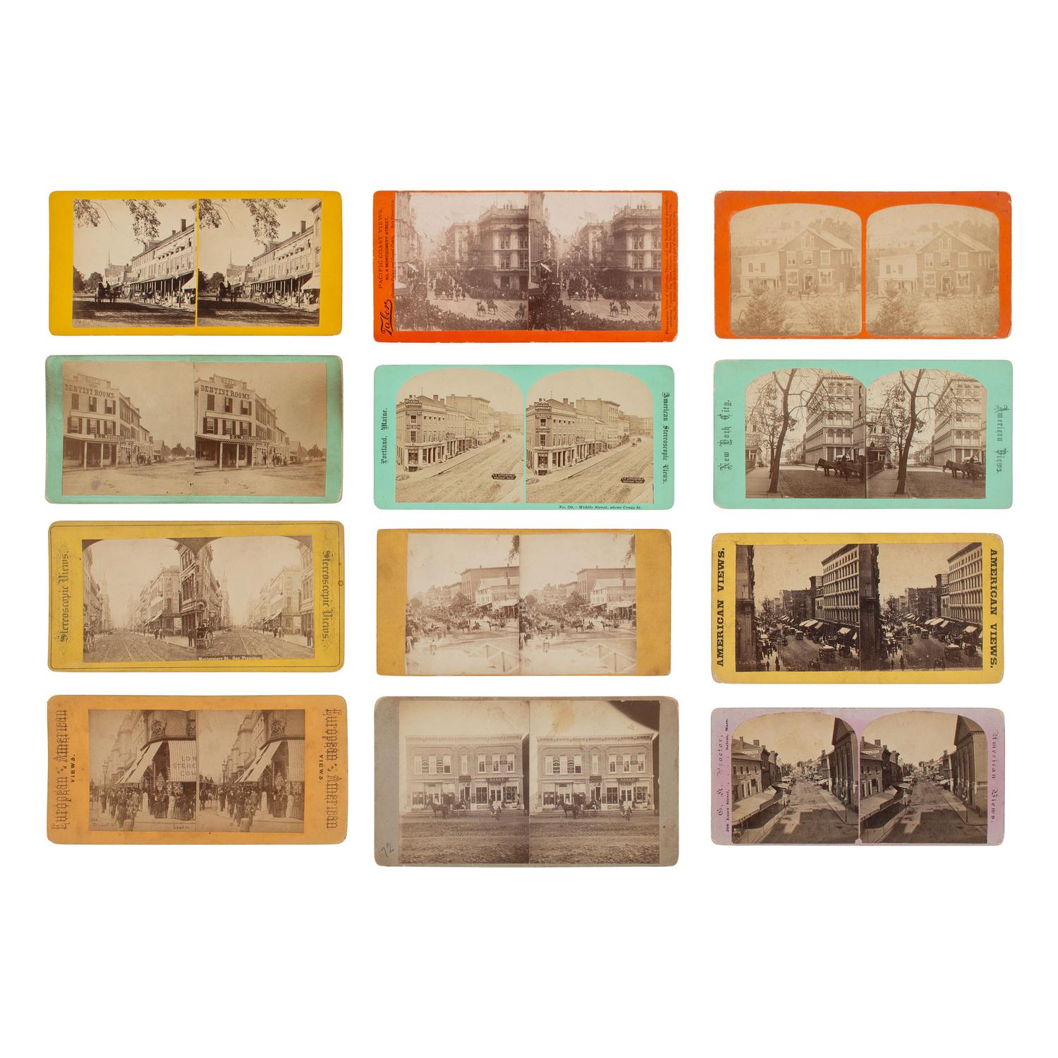 [Early Photography] Group of 12 Stereoviews of Photo Galleries, incl. Brady, Anthony, and Taber