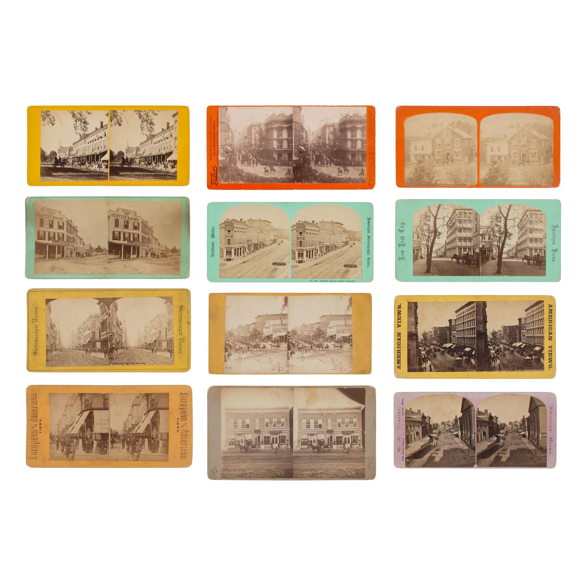 [Early Photography] Group of 12 Stereoviews of Photo Galleries, incl. Brady, Anthony, and Taber