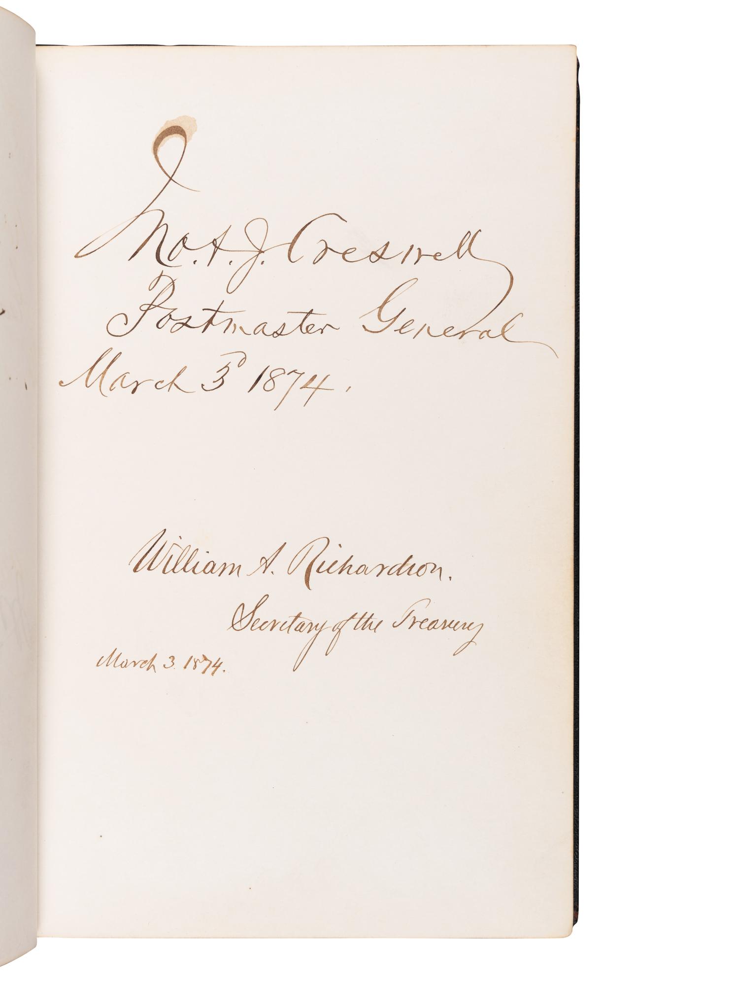 [GRANT, Ulysses S. (1822-1885), and others—AUTOGRAPH ALBUM]. An autograph album, c.1870s, assembling more than 350 signatures and inscriptions by President Ulysses S. Grant, members of his Cabinet (c.1873-74), Supreme Court Justices, Congressman, Senators, and various other prominent American political leaders and statesmen.