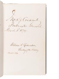 [GRANT, Ulysses S. (1822-1885), and others—AUTOGRAPH ALBUM]. An autograph album, c.1870s, assembling more than 350 signatures and inscriptions by President Ulysses S. Grant, members of his Cabinet (c.1873-74), Supreme Court Justices, Congressman, Senators, and various other prominent American political leaders and statesmen.