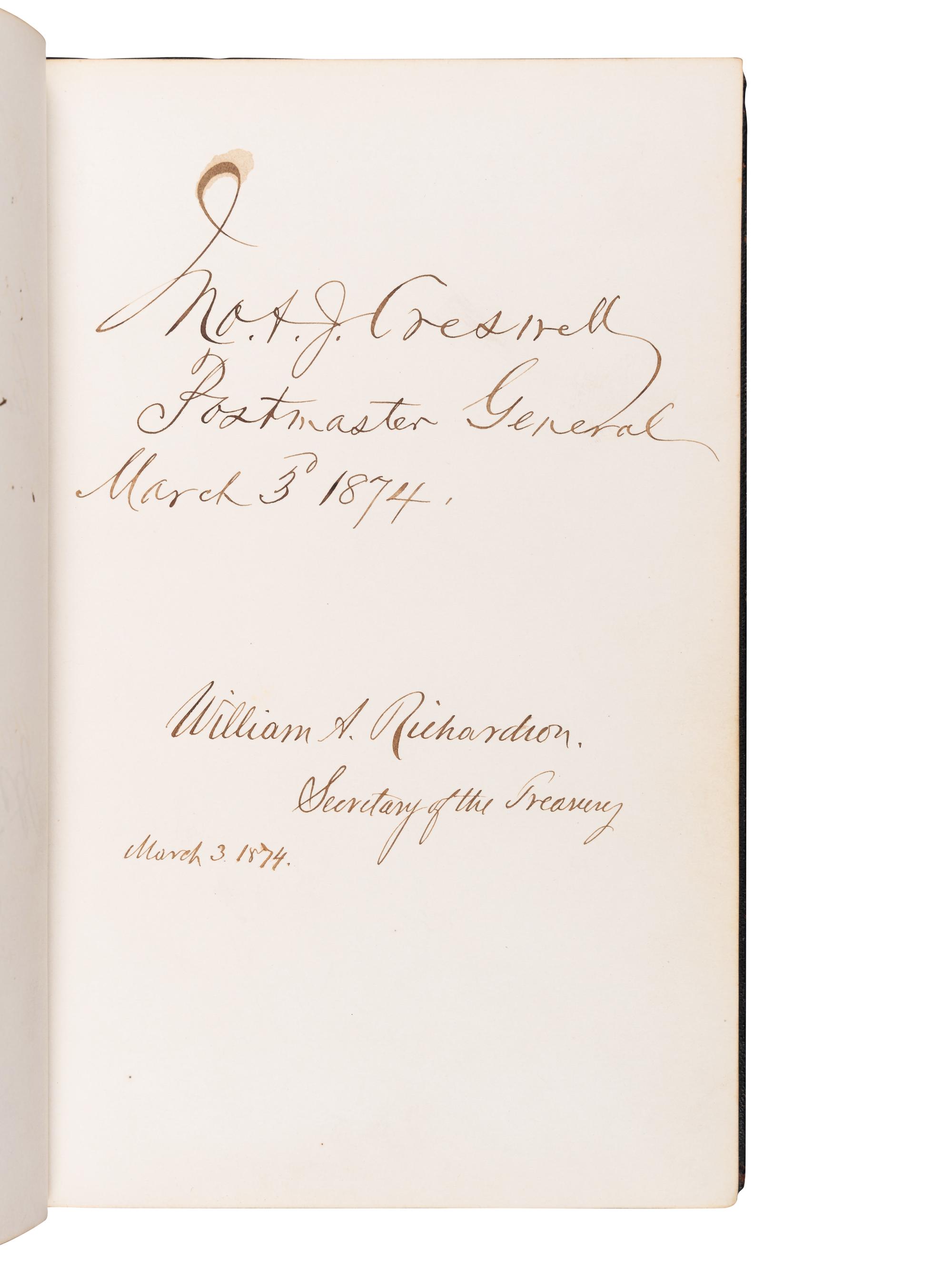 [GRANT, Ulysses S. (1822-1885), and others—AUTOGRAPH ALBUM]. An autograph album, c.1870s, assembling more than 350 signatures and inscriptions by President Ulysses S. Grant, members of his Cabinet (c.1873-74), Supreme Court Justices, Congressman, Senators, and various other prominent American political leaders and statesmen.
