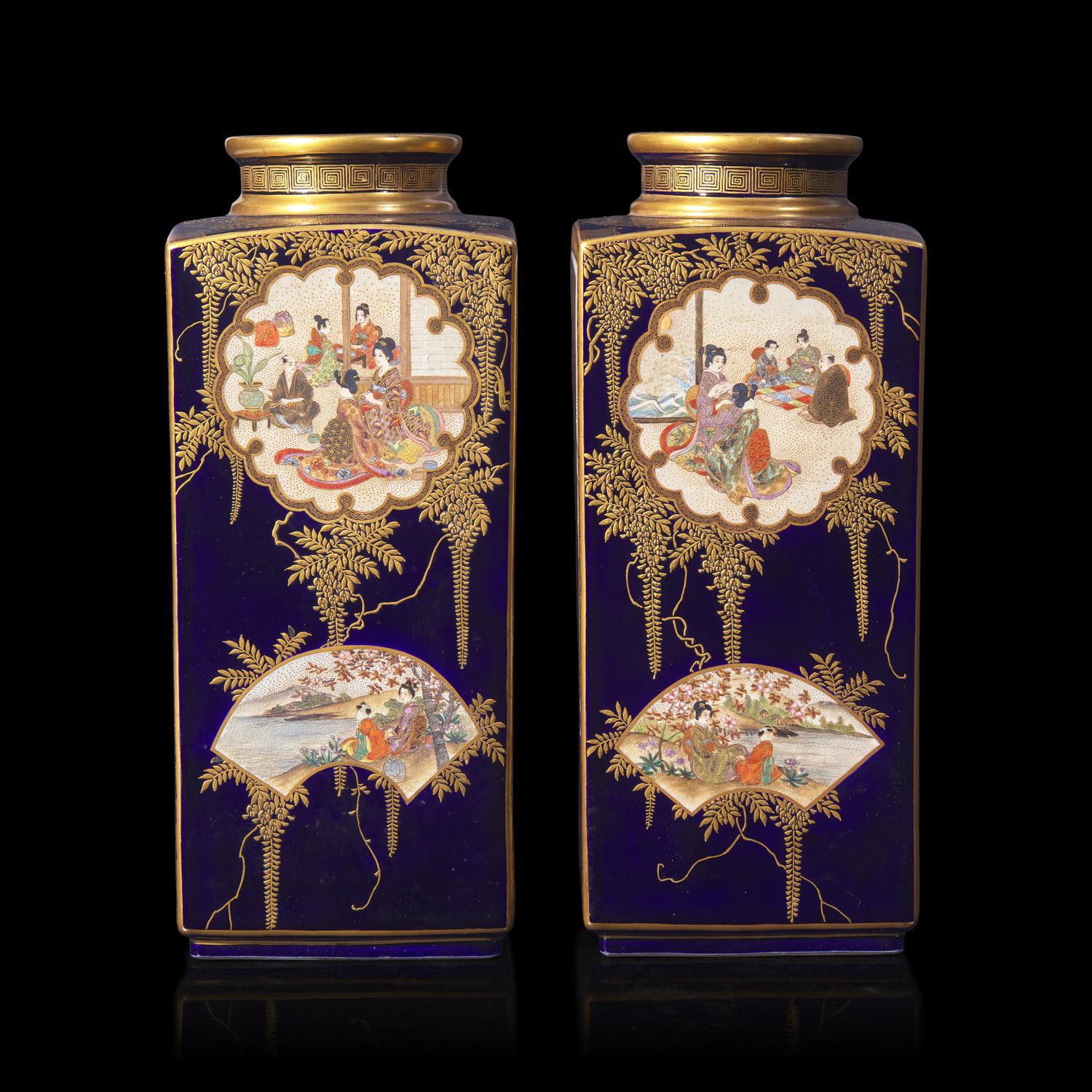 A Pair of Japanese Satsuma Vases, Signed Kizan, Meiji Period 本 明治時代 日岐山造款薩摩燒方瓶一對