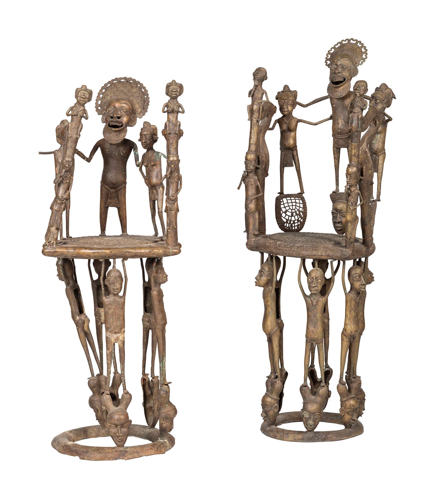 Two Benin Bronze Figural Throne Chairs