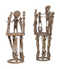 Two Benin Bronze Figural Throne Chairs