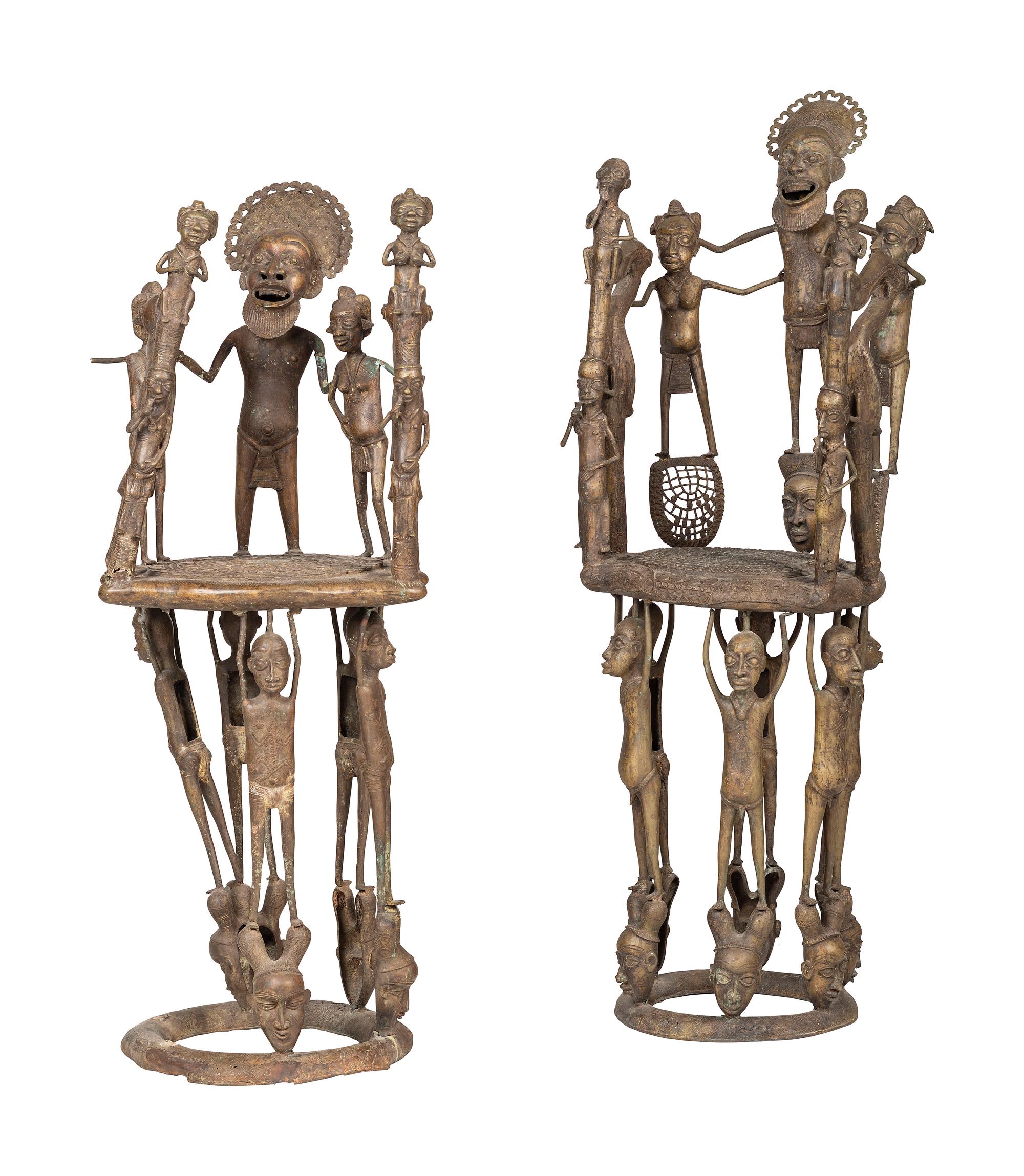 Two Benin Bronze Figural Throne Chairs
