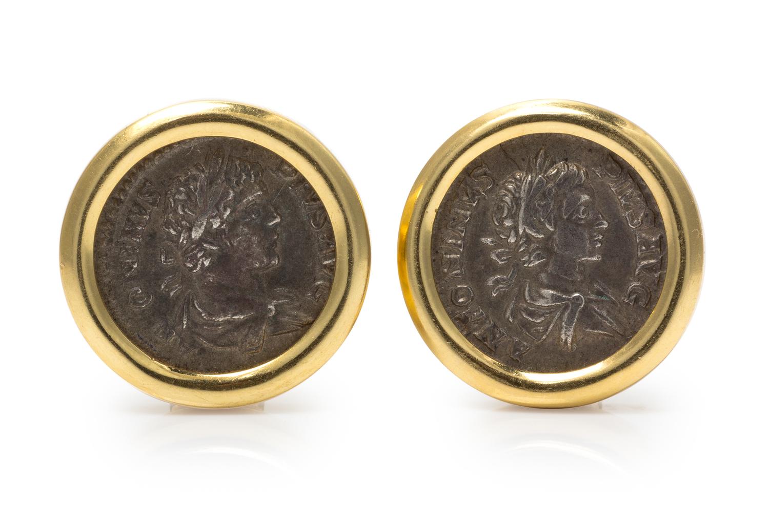 A Pair of 18 Karat Yellow Gold and Ancient Coin Earclips, 14.90 dwts.
