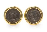 A Pair of 18 Karat Yellow Gold and Ancient Coin Earclips, 14.90 dwts.