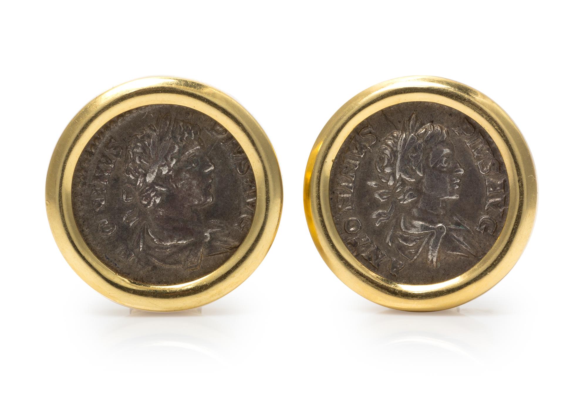 A Pair of 18 Karat Yellow Gold and Ancient Coin Earclips, 14.90 dwts.