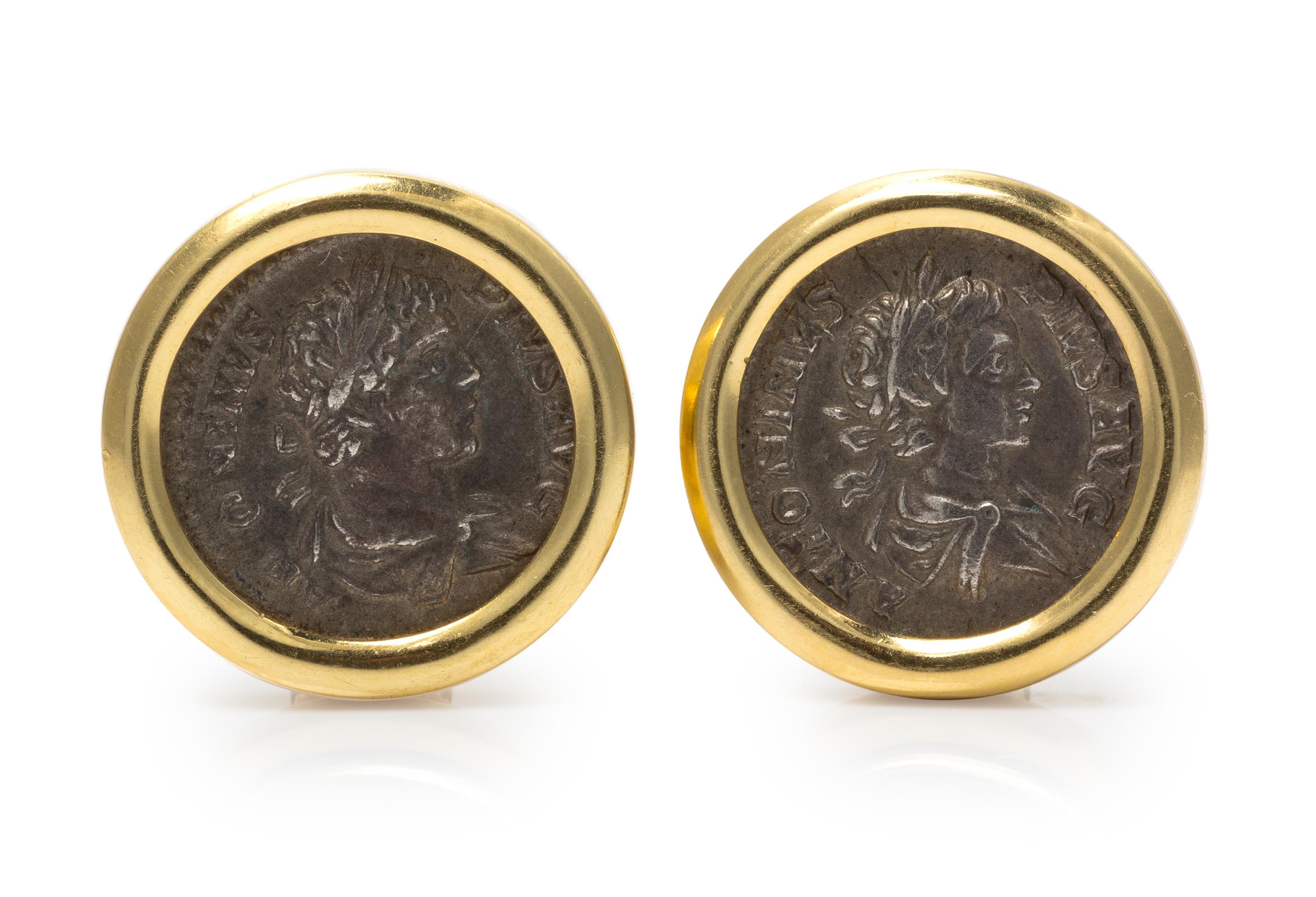 A Pair of 18 Karat Yellow Gold and Ancient Coin Earclips, 14.90 dwts.