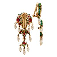 KUNDAN, DIAMOND, RUBY, ENAMEL AND CULTURED PEARL EARCLIPS