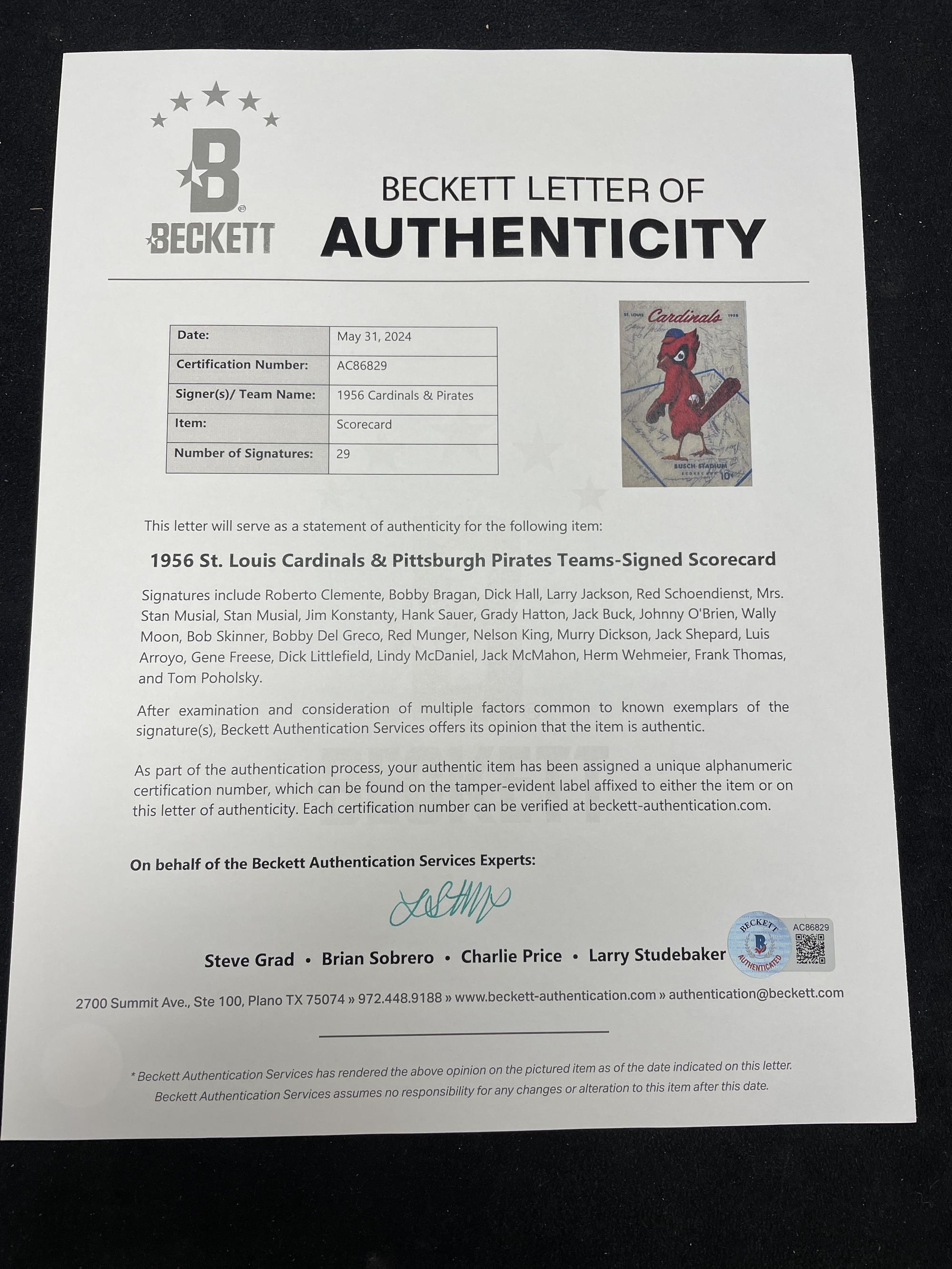 A 1956 Pittsburgh Pirates and St. Louis Cardinals Multi Signed Program Scorecard Featuring Roberto Clemente (Beckett Authentication Services)