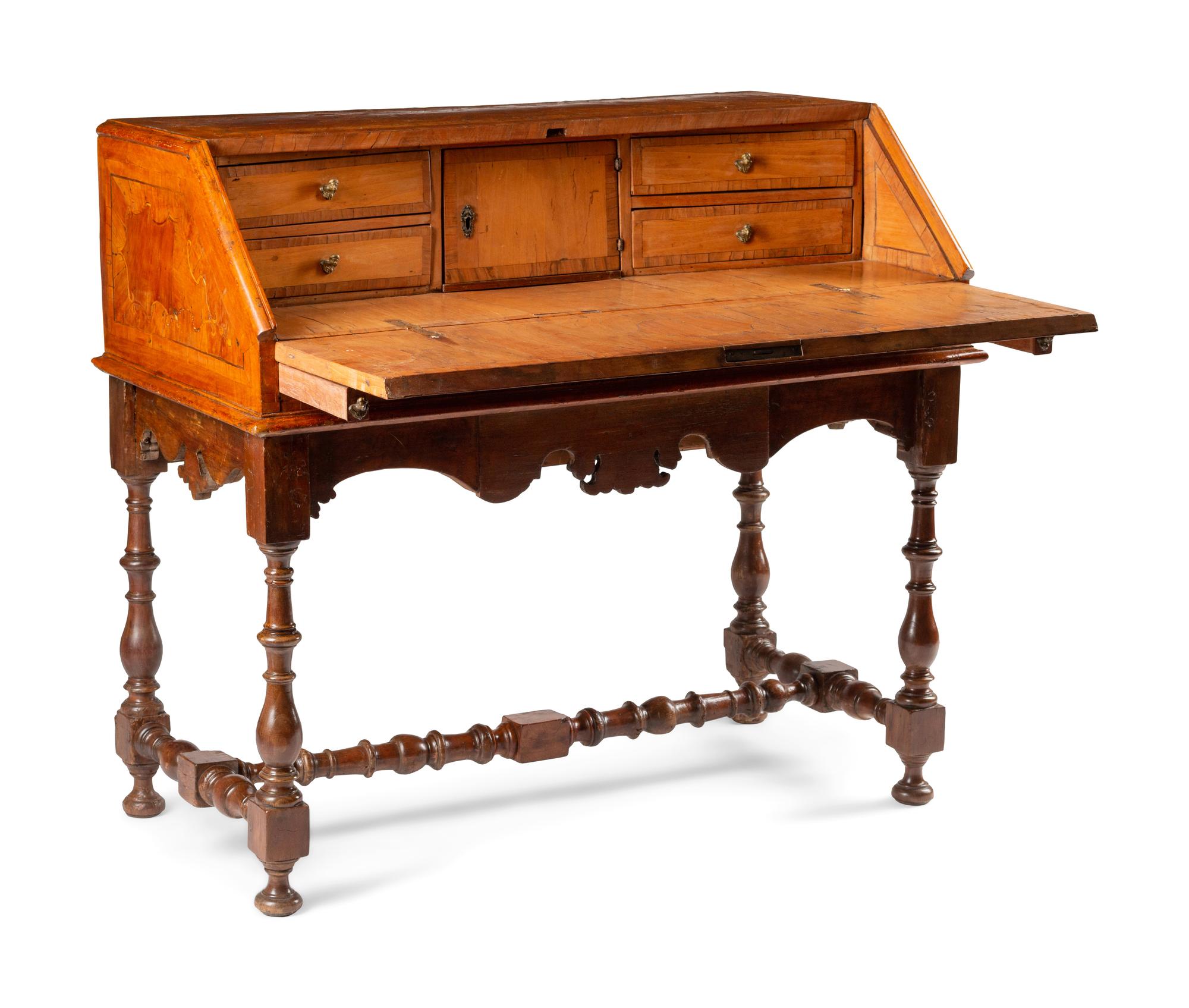 A German or Austrian Walnut and Marquetry Slant-Front Bureau