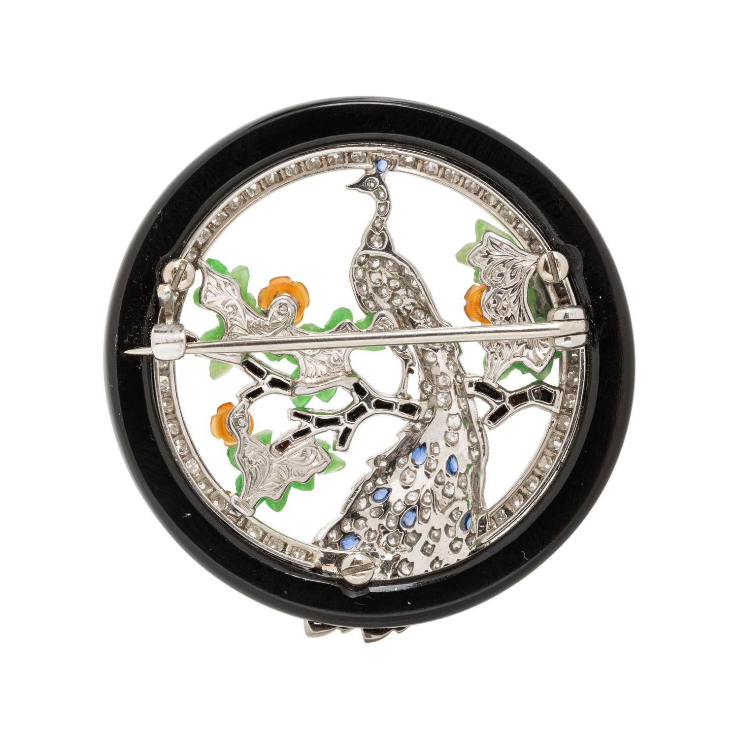 ART DECO, DIAMOND AND MULTIGEM PEACOCK BROOCH