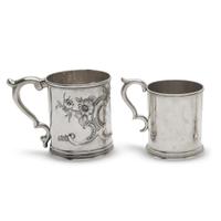 Two silver presentation mugs awarded to prize recipients of the National Poultry Society and Illinois State Agricultural Society the larger mug by William Tenney, New York, NY, mid 19th century