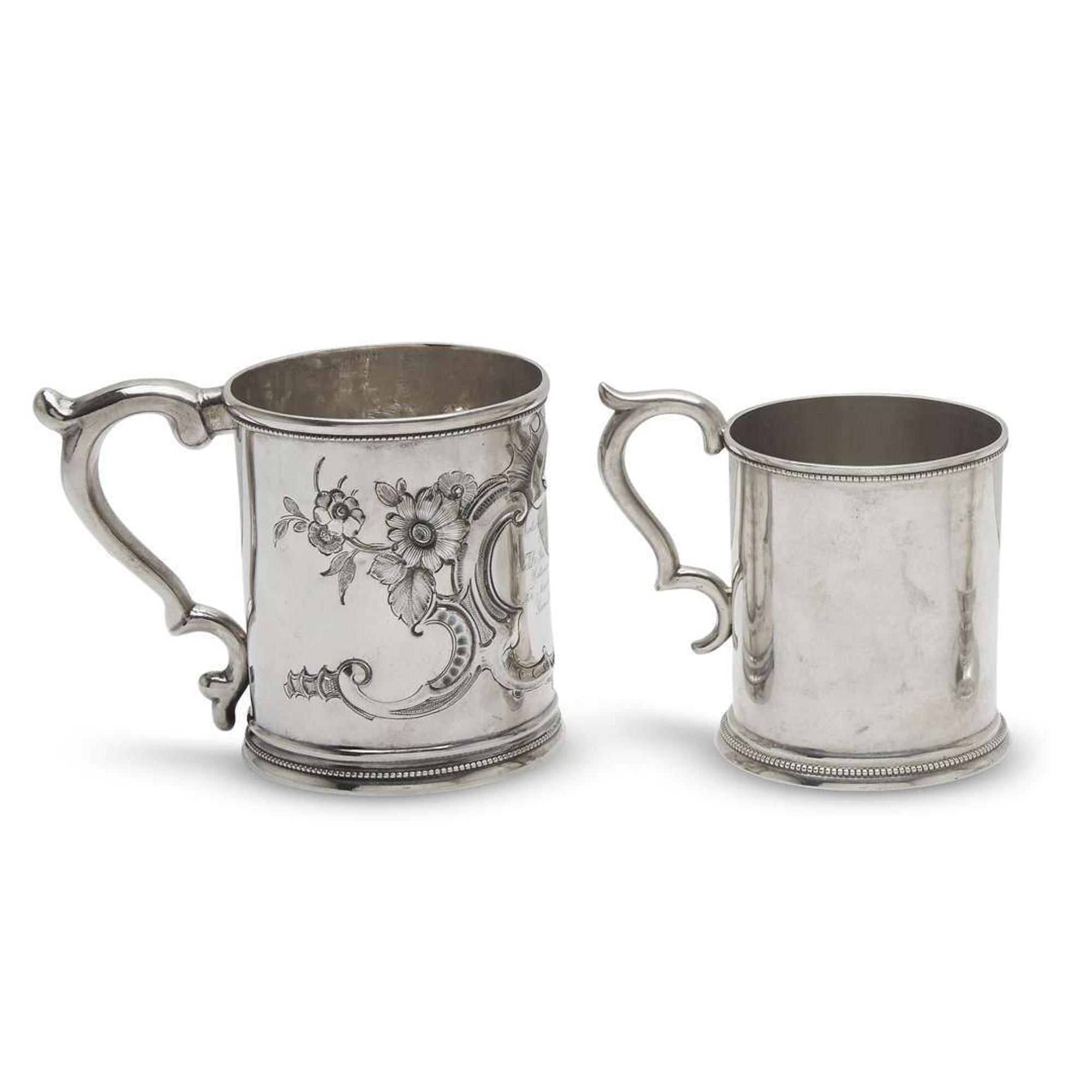 Two silver presentation mugs awarded to prize recipients of the National Poultry Society and Illinois State Agricultural Society the larger mug by William Tenney, New York, NY, mid 19th century