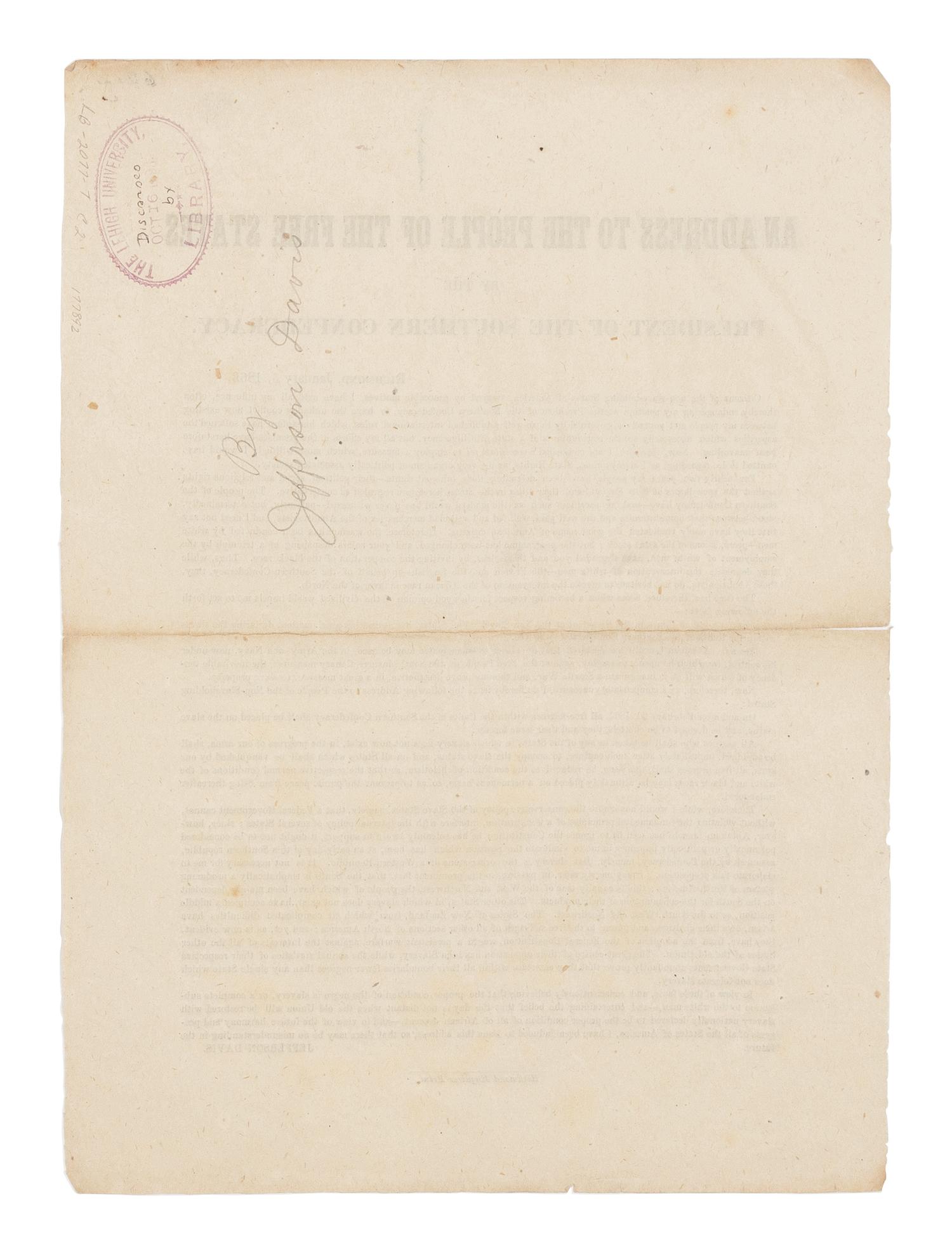 [RESPONSE TO THE EMANCIPATION PROCLAMATION]. [DAVIS, Jefferson (1808-1889)]. An Address to the People of the Free States by the President of the Southern Confederacy . Richmond: Richmond Enquirer Print, 5 January 1863.