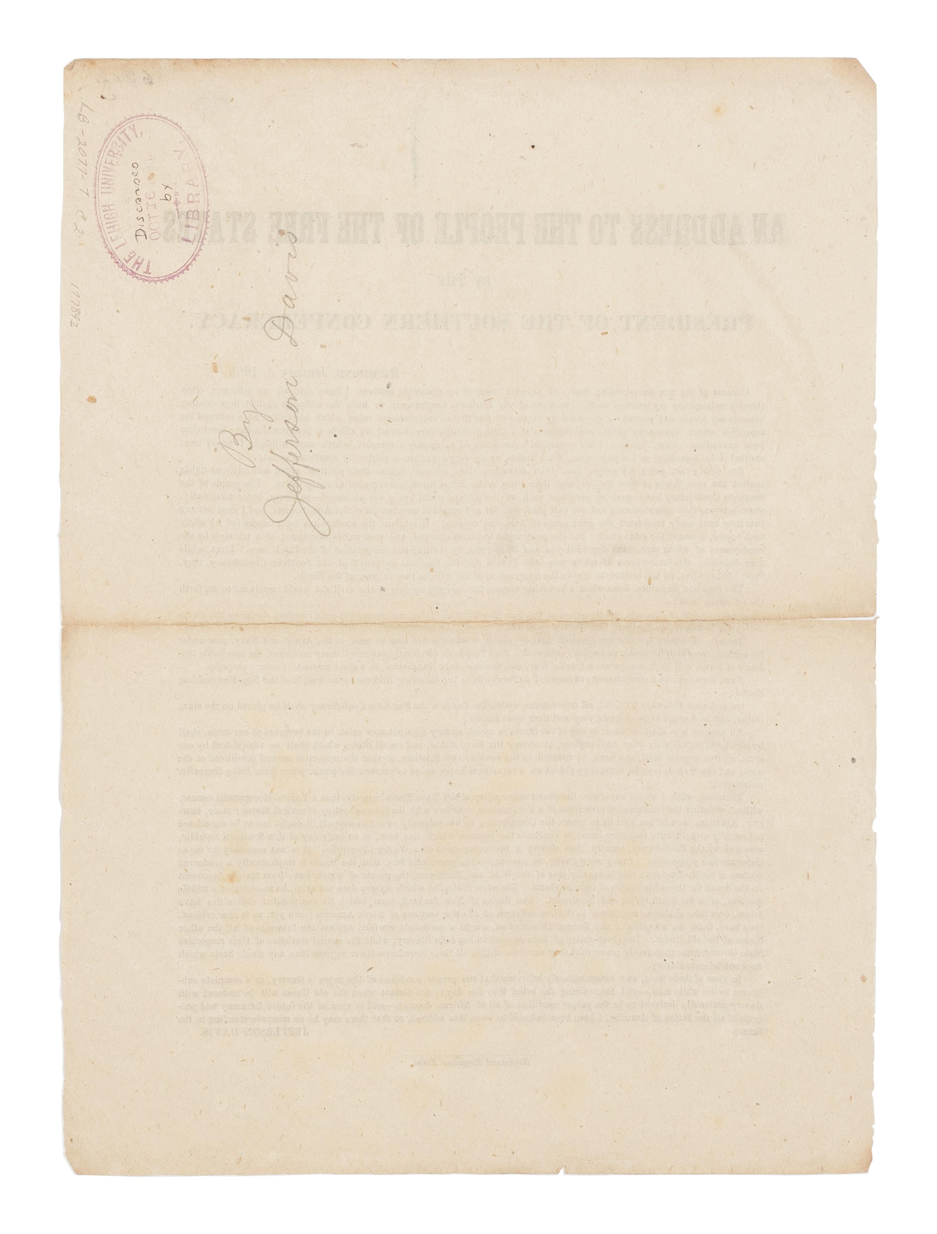 [RESPONSE TO THE EMANCIPATION PROCLAMATION]. [DAVIS, Jefferson (1808-1889)]. An Address to the People of the Free States by the President of the Southern Confederacy . Richmond: Richmond Enquirer Print, 5 January 1863.