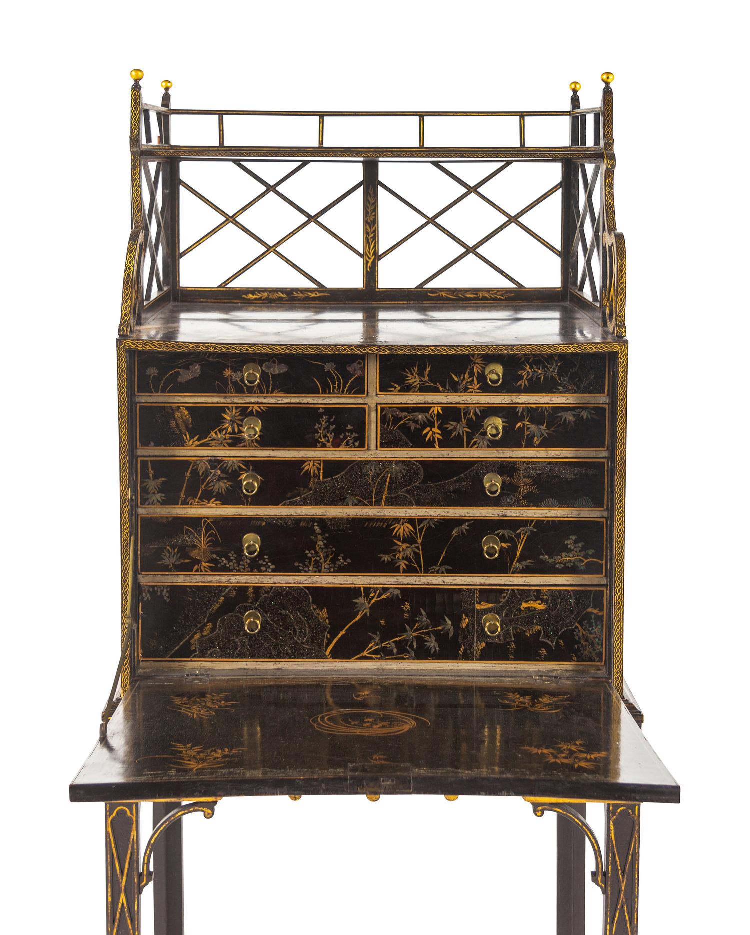 A George III 'Lac Bergaute' and Black and Gilt-Japanned Secrétaire Cabinet-on-Stand