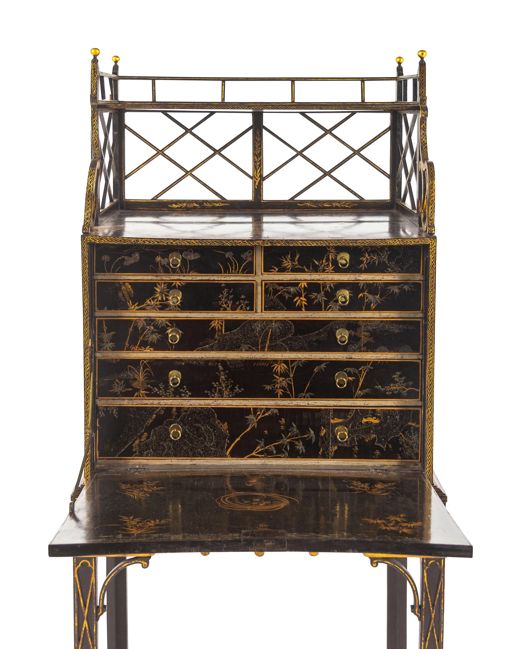 A George III 'Lac Bergaute' and Black and Gilt-Japanned Secrétaire Cabinet-on-Stand