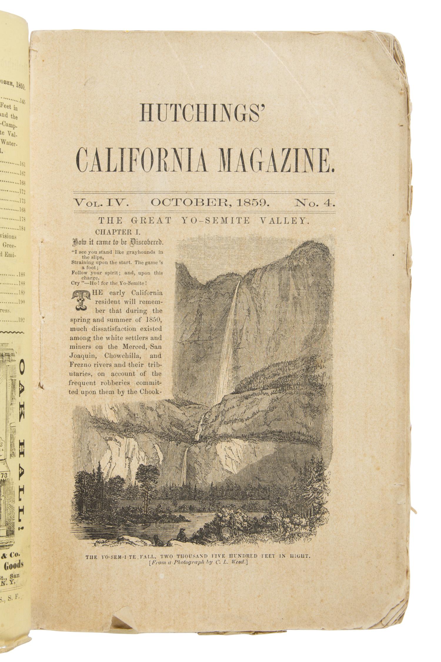 Hutchings, James Mason (1820-1902). "The Great Yo-Semite Valley." [in]: Hutchings' California Magazine. No. 40 . San Francisco: Hutchings & Rosenfield, October 1859.