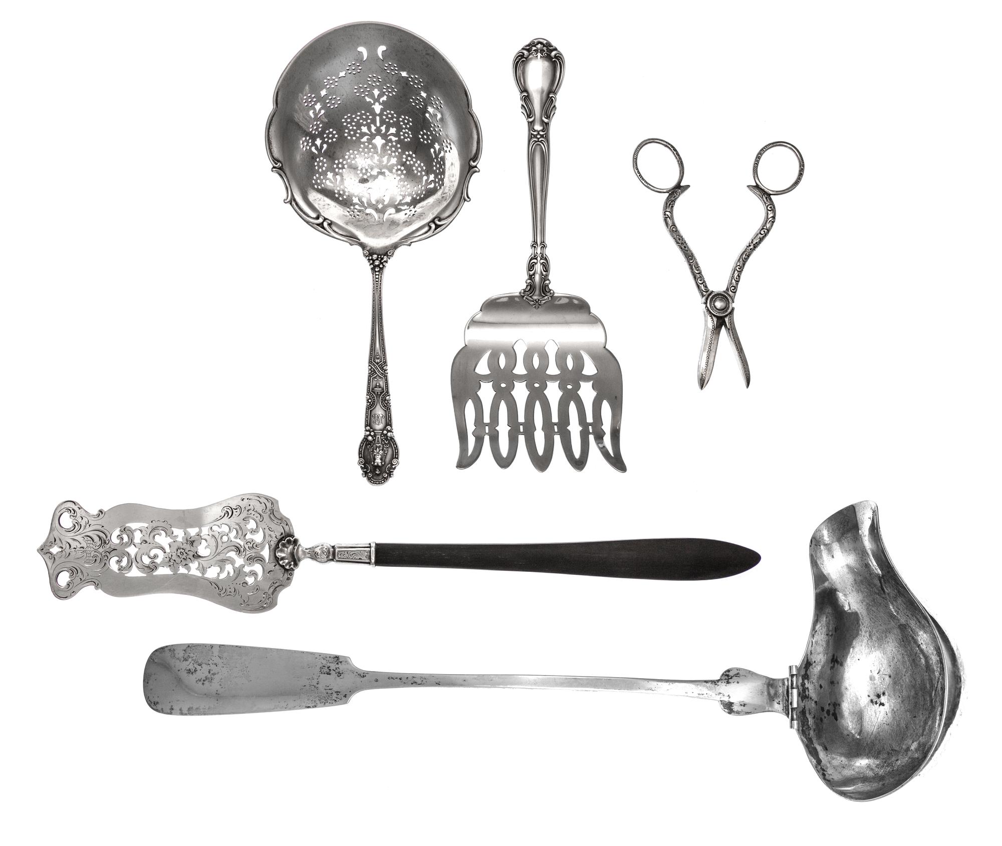 A Group of Four Silver Serving Articles, Various Makers, comprising an asparagus server, Gorham Mfg. Co.; a tomato server, Tiffany & Co