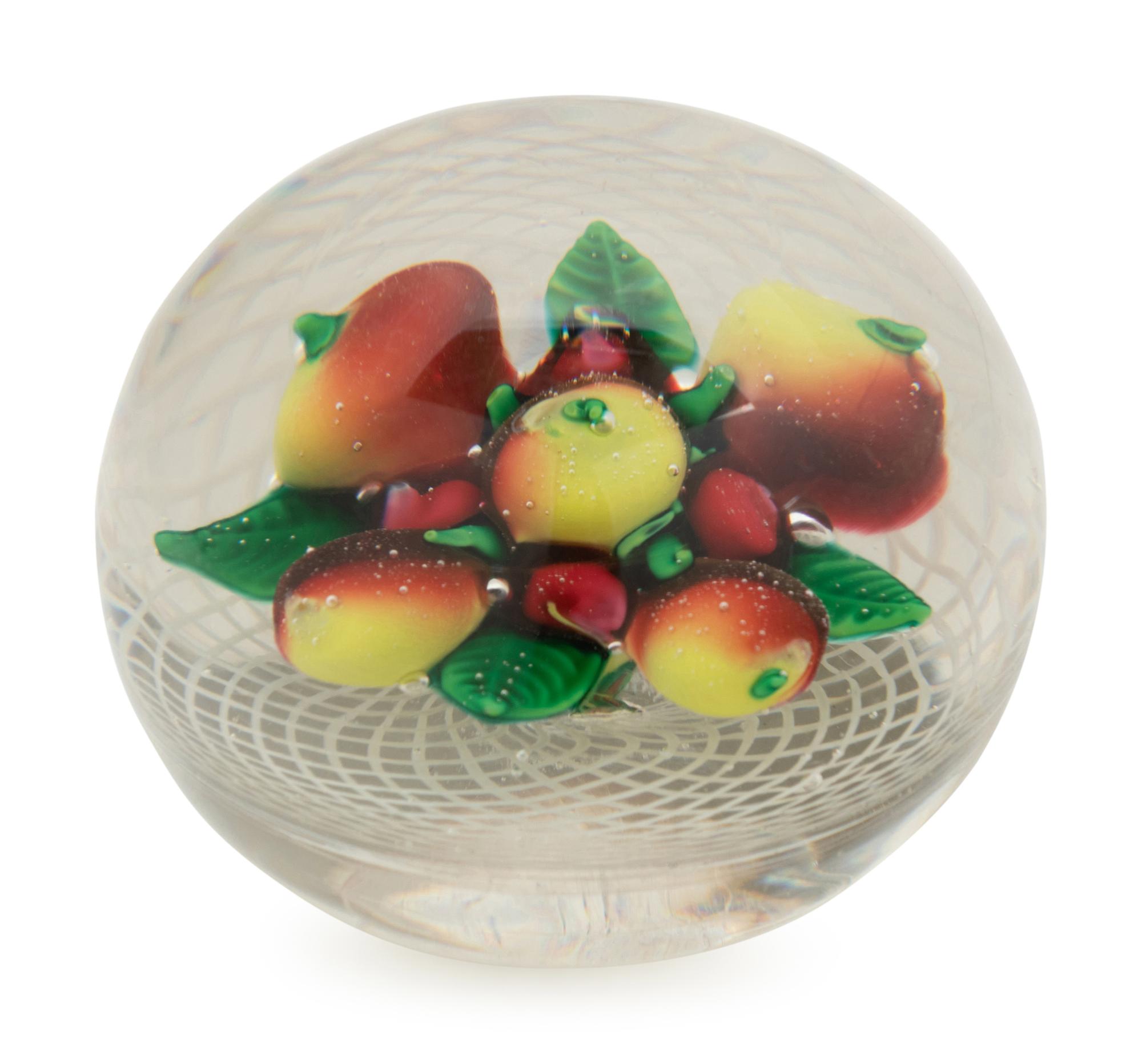 A Fruit Over Latticino Basket Glass Paperweight
