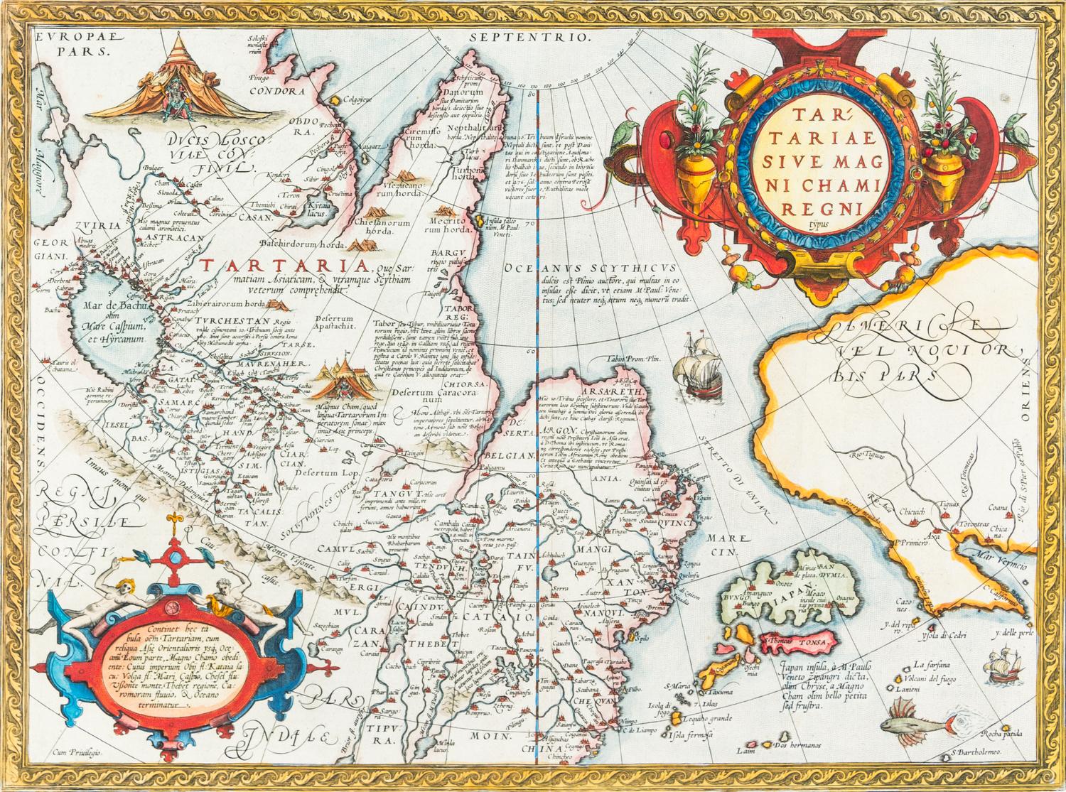 (MAP) ORTELIUS, ABRAHAM. Tartariae sive Magni Chami Regni Typus. Antwerp, 1598. Depicts Tartary, China, Japan, and an early California.