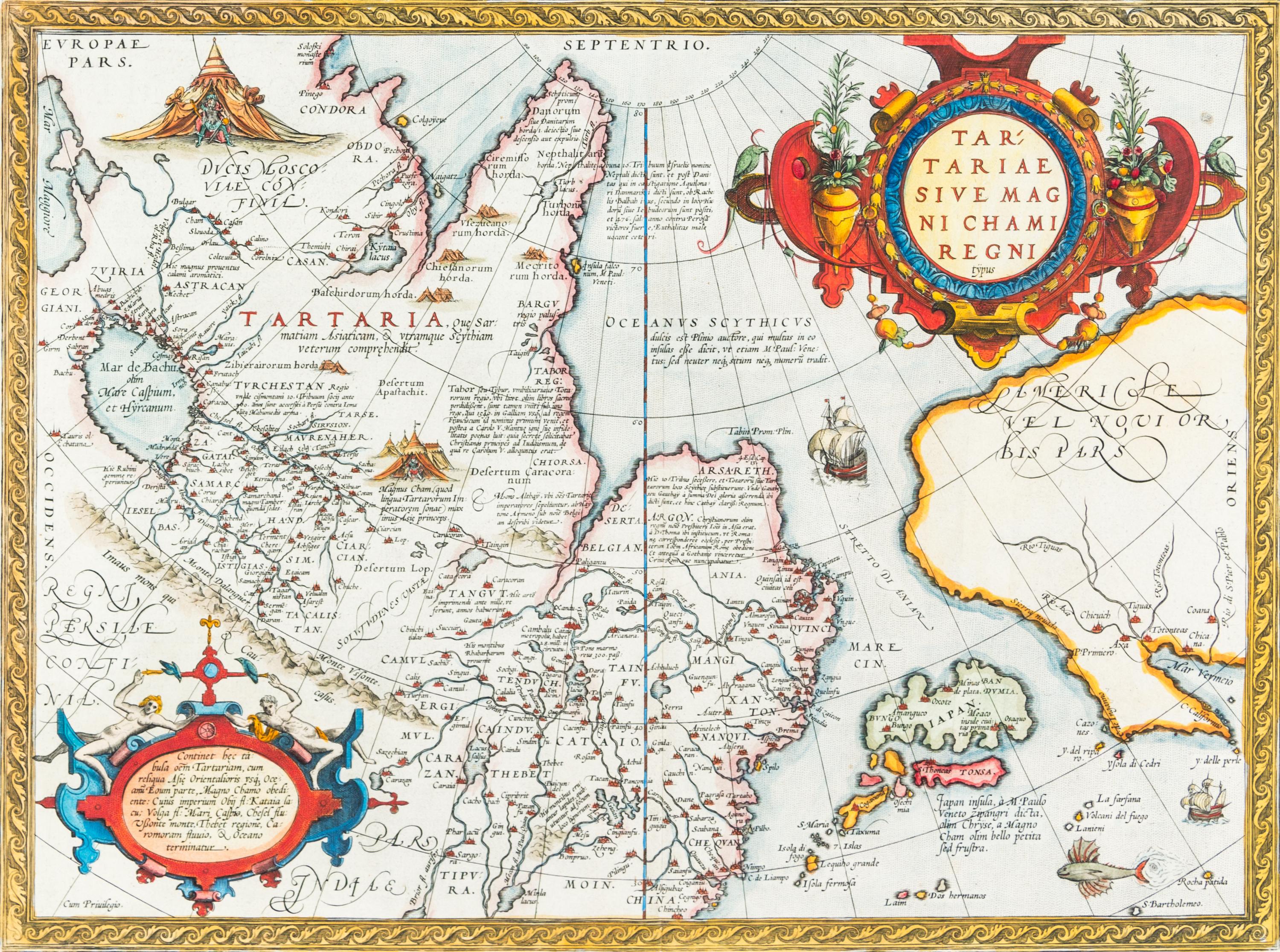 (MAP) ORTELIUS, ABRAHAM. Tartariae sive Magni Chami Regni Typus. Antwerp, 1598. Depicts Tartary, China, Japan, and an early California.