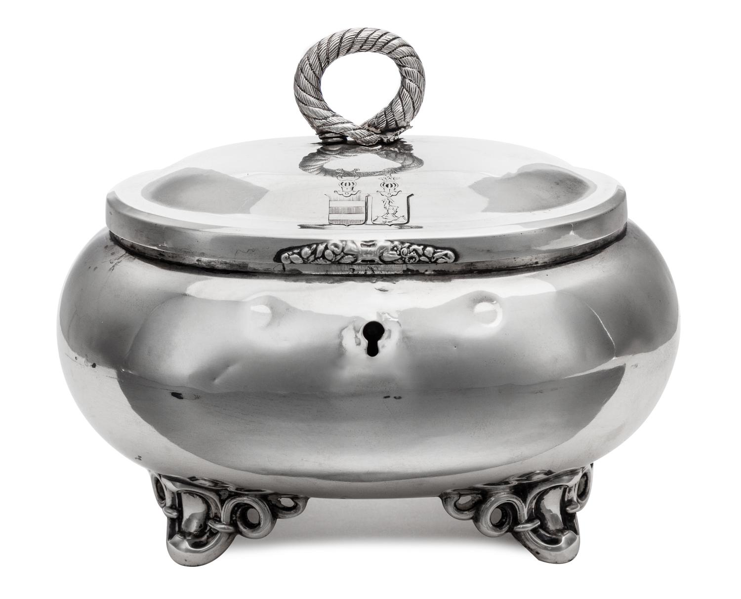 A German Silver Tea Caddy, D. Vollgold & Sohne, Late 19th/Early 20th Century, having a handle decorated as a cord of rope surmounting a