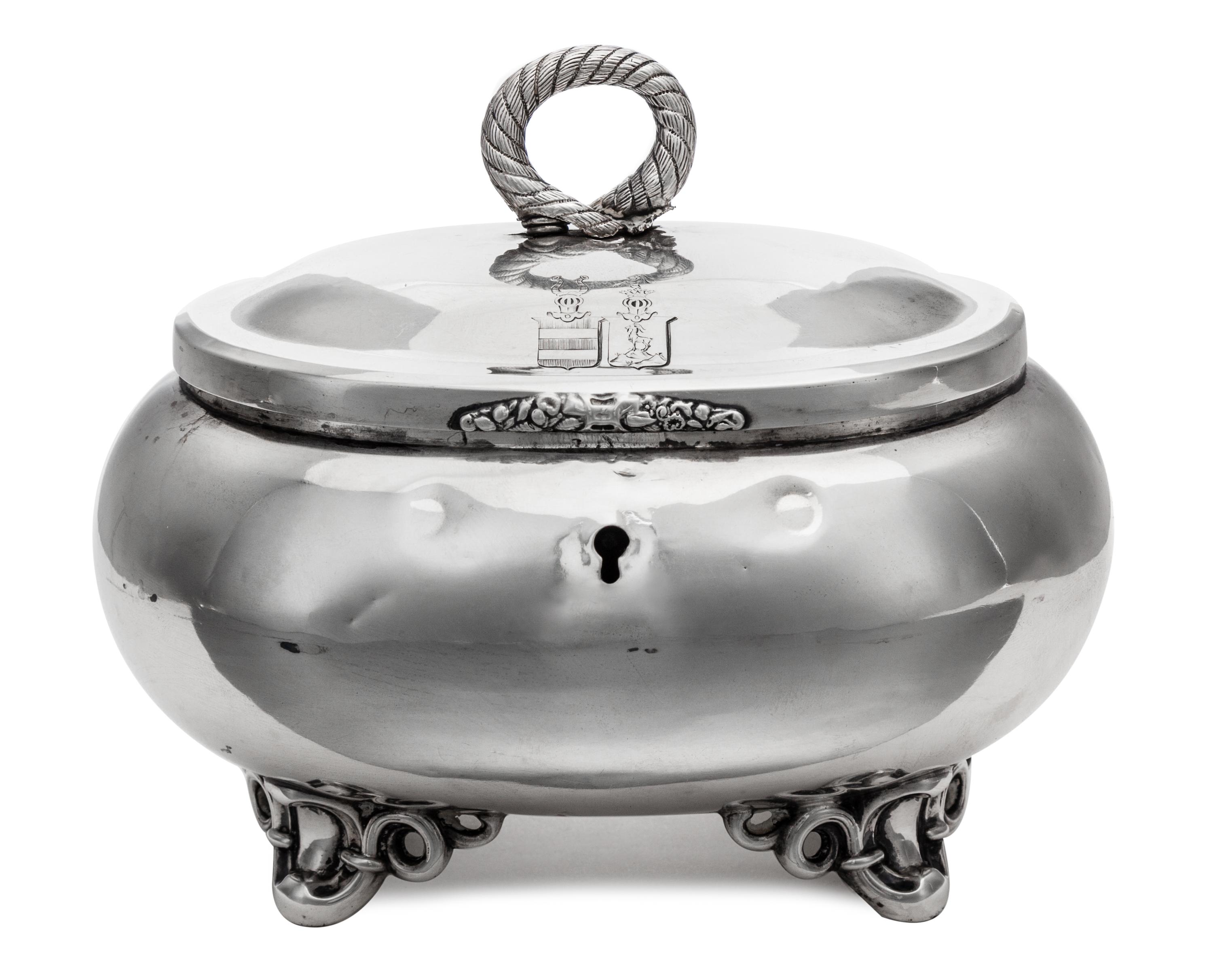 A German Silver Tea Caddy, D. Vollgold & Sohne, Late 19th/Early 20th Century, having a handle decorated as a cord of rope surmounting a