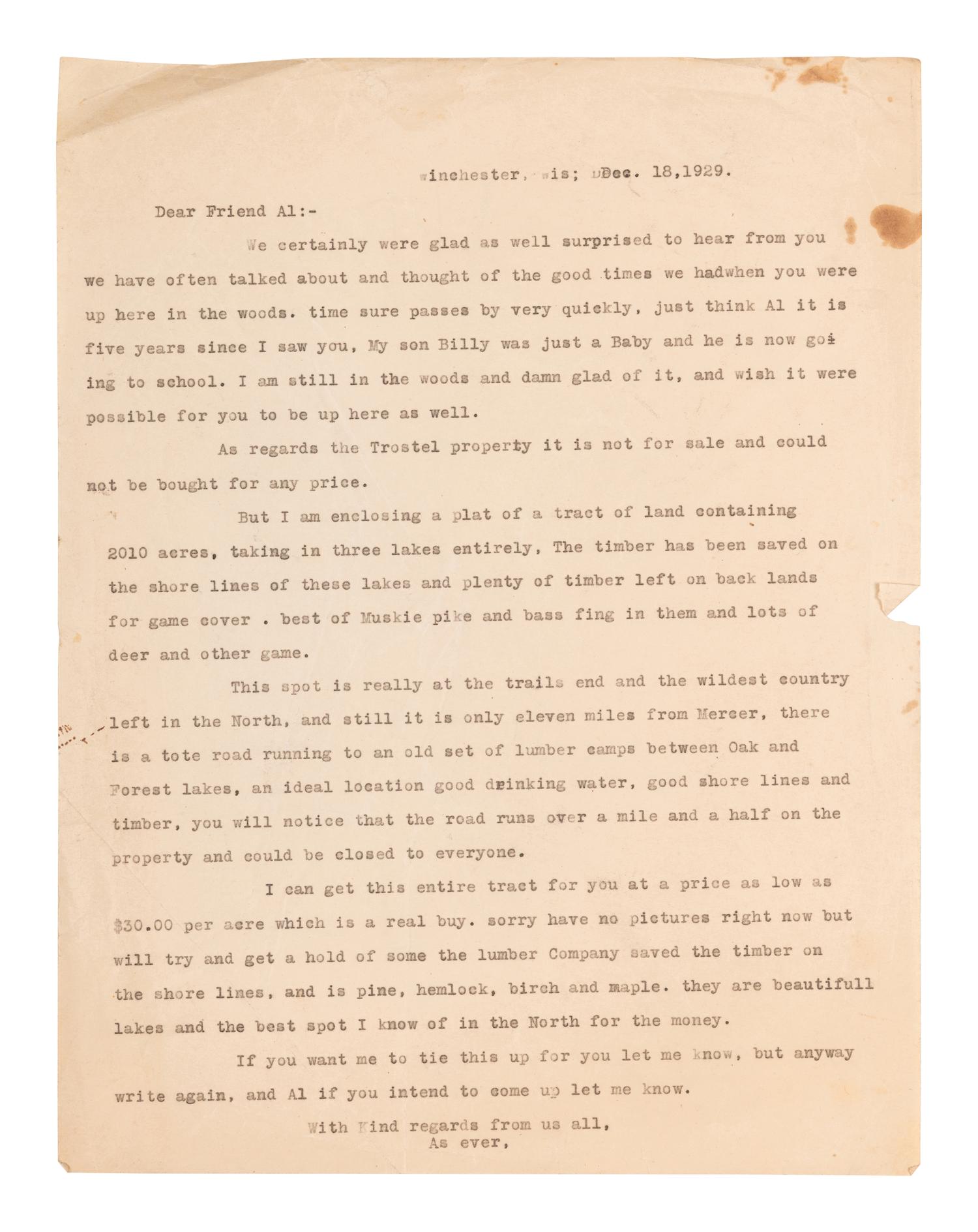 CAPONE, Alphonse ("Al") (1899-1947). Typed letter unsigned, to Bill Sells ("Friend Bill"). Philadelphia, PA, 13 December 1929.