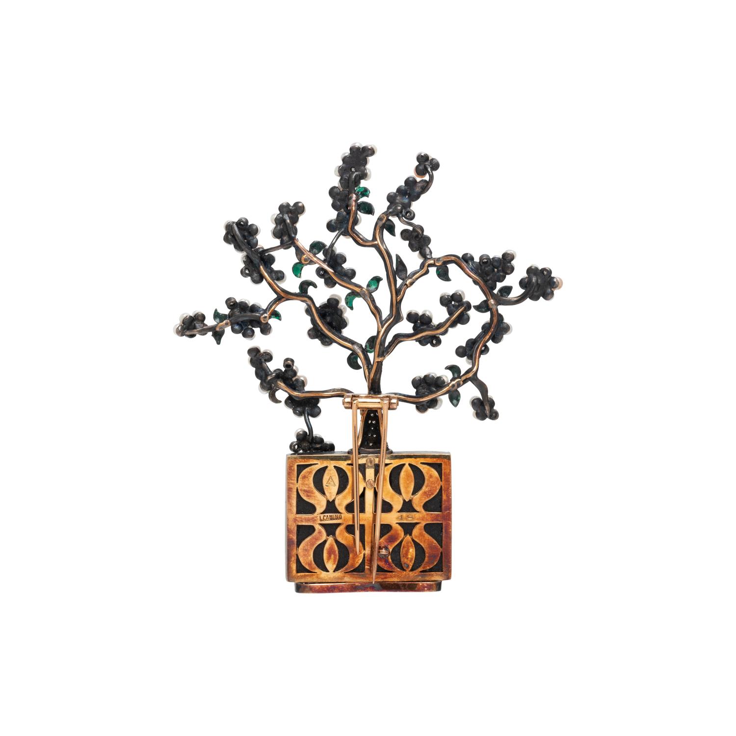 LUZ CAMINO, MIXED METAL, DIAMOND, SEED PEARL AND UVAROVITE GARNET 'ESPALIER APPLE TREE' BROOCH