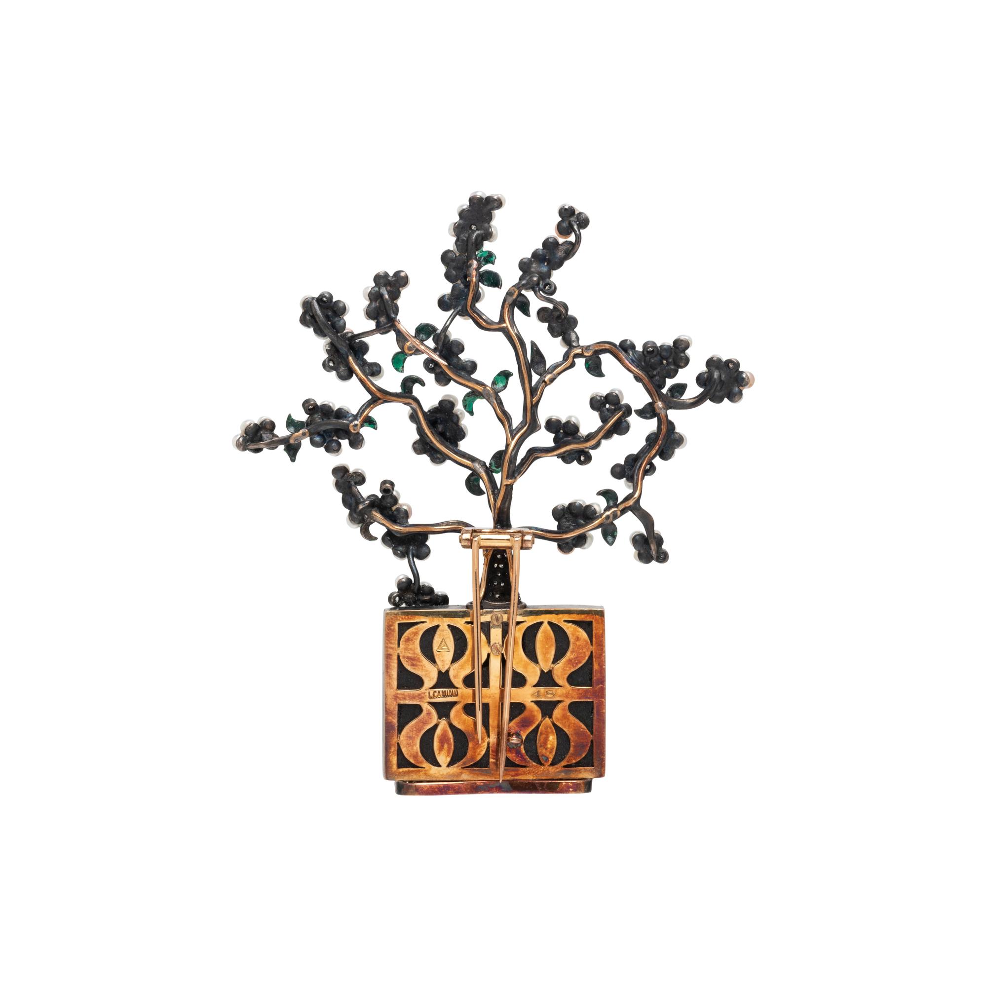 LUZ CAMINO, MIXED METAL, DIAMOND, SEED PEARL AND UVAROVITE GARNET 'ESPALIER APPLE TREE' BROOCH