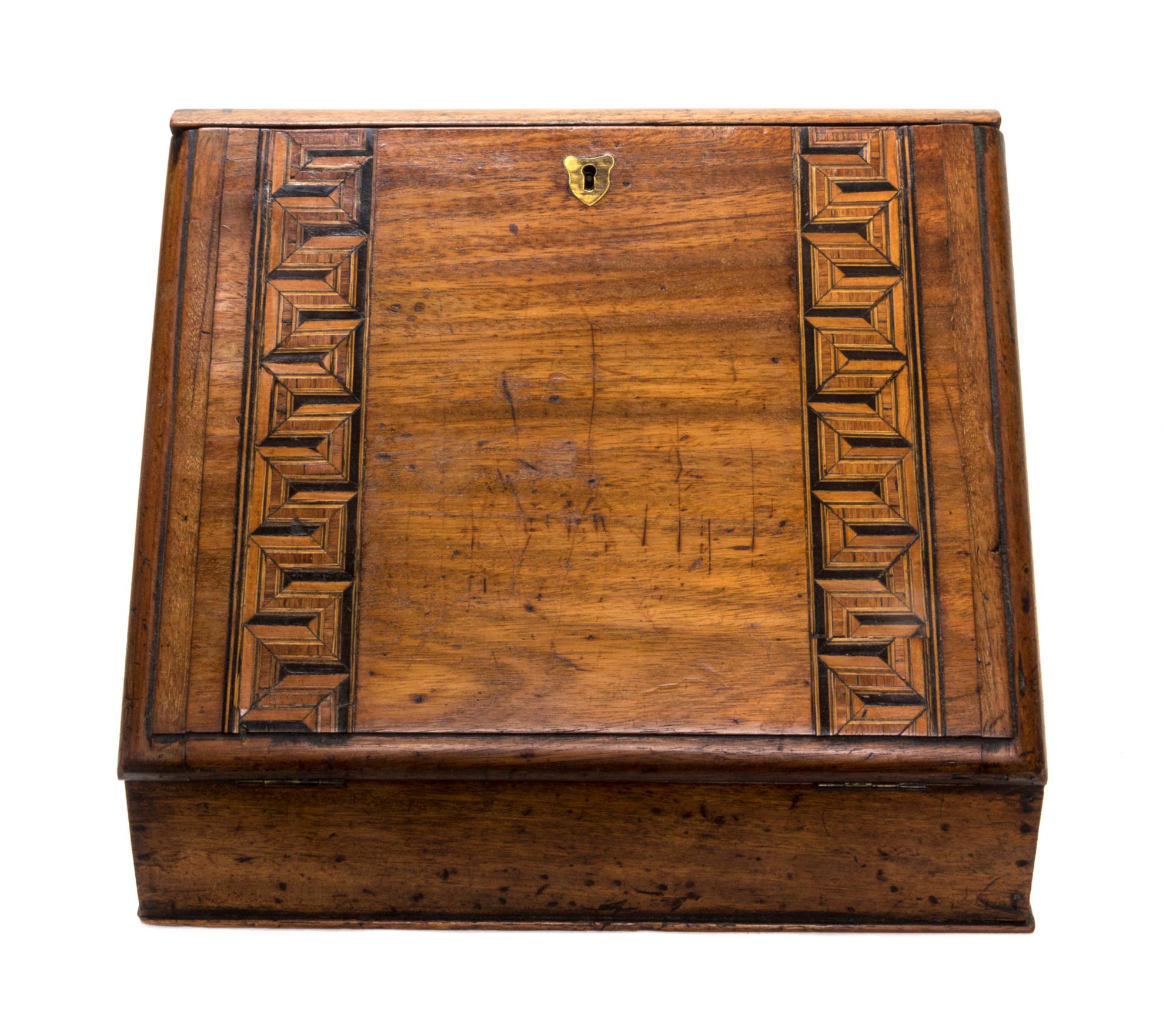 A Regency Mahogany Parquetry Inlaid Letter Box, Height 10 x width 13 x depth 8 1/4 inches