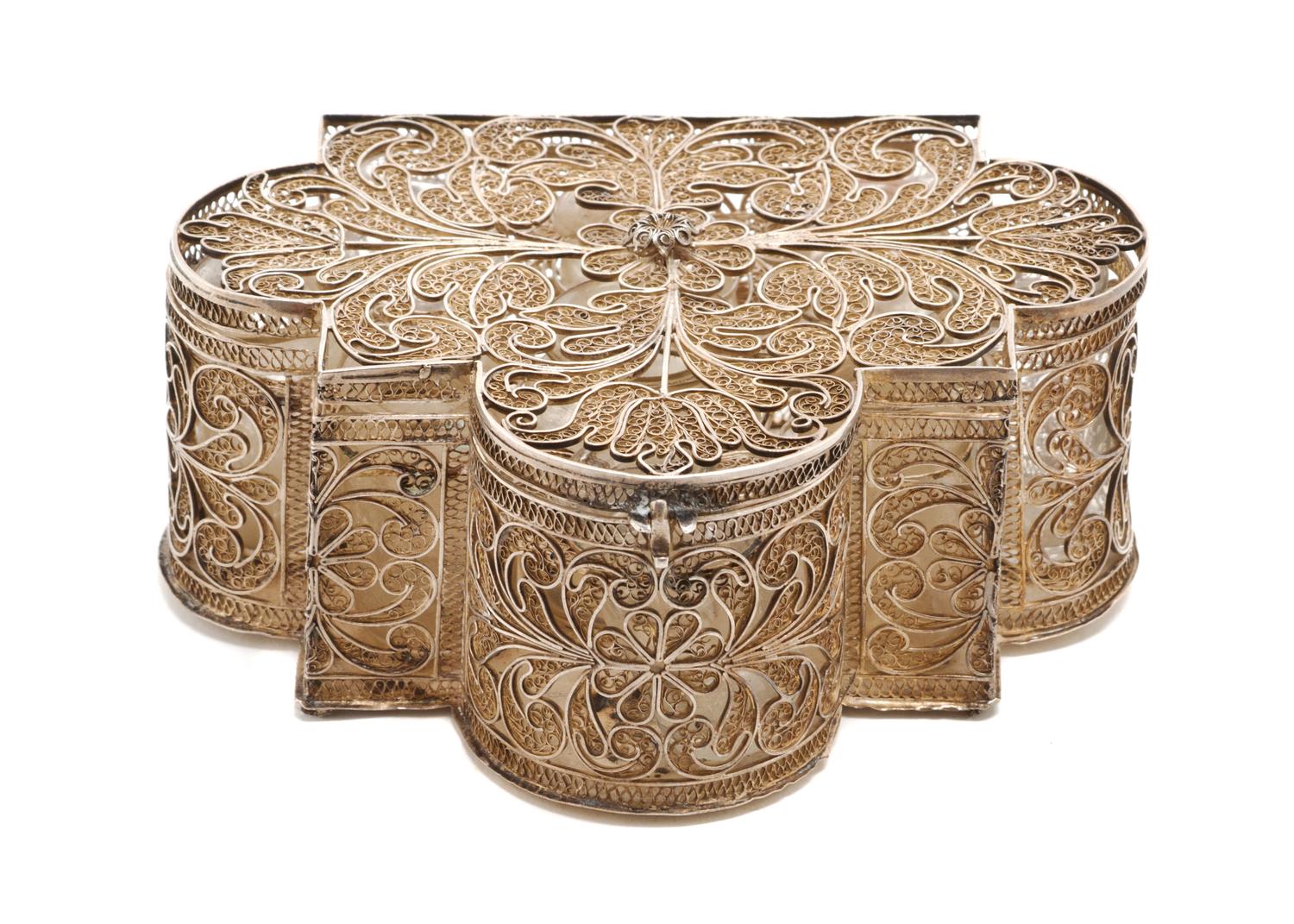 A Victorian Style Silver Filigree Perfume Bottle Casket, Height 2 1/4 x width 6 inches.