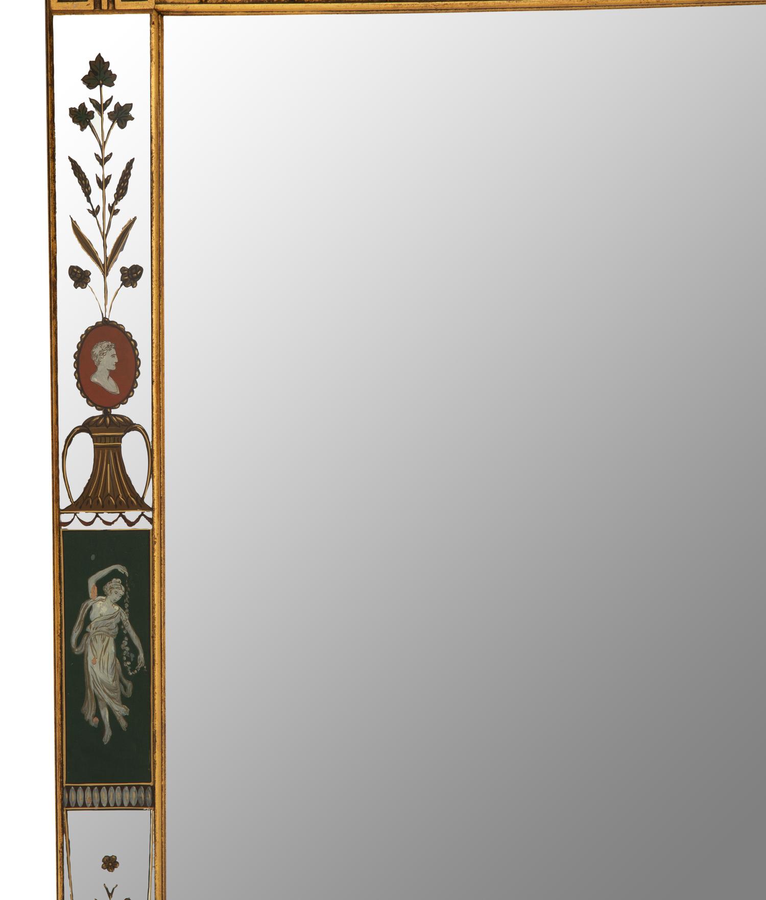 A Neoclassical Style Reverse-Painted Glass and Giltwood Mirror