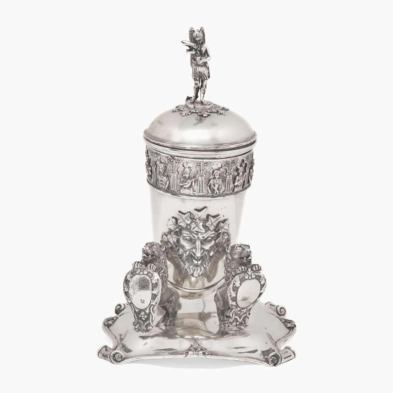 A Danish silver covered drinking horn on stand The horn by Anton Michelsen (1809-1877), the stand marked "AD," Copenhagen, Denmark, bearing date mark for 1855