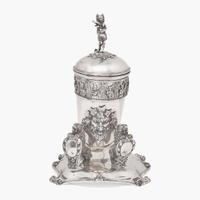 A Danish silver covered drinking horn on stand The horn by Anton Michelsen (1809-1877), the stand marked "AD," Copenhagen, Denmark, bearing date mark for 1855
