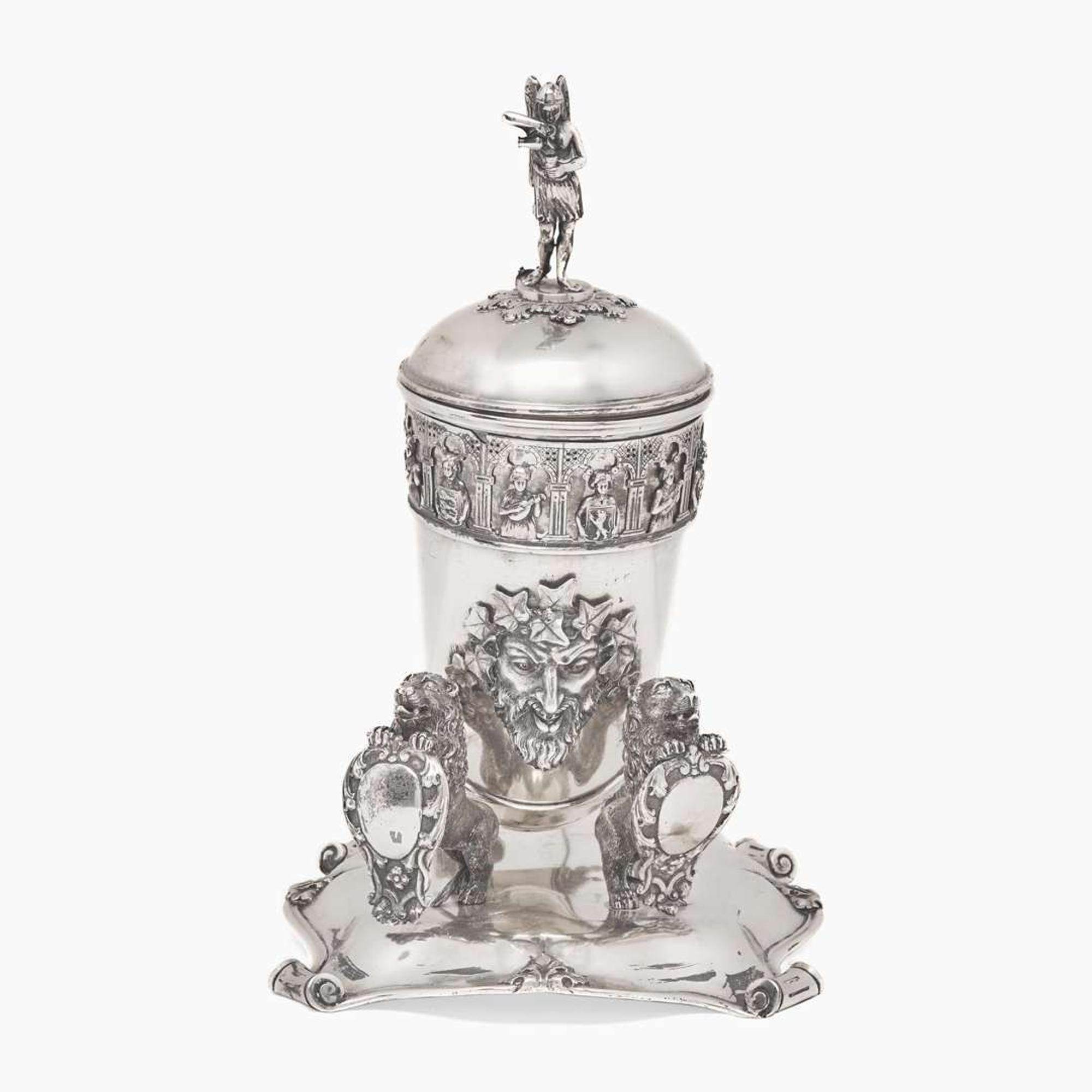 A Danish silver covered drinking horn on stand The horn by Anton Michelsen (1809-1877), the stand marked "AD," Copenhagen, Denmark, bearing date mark for 1855